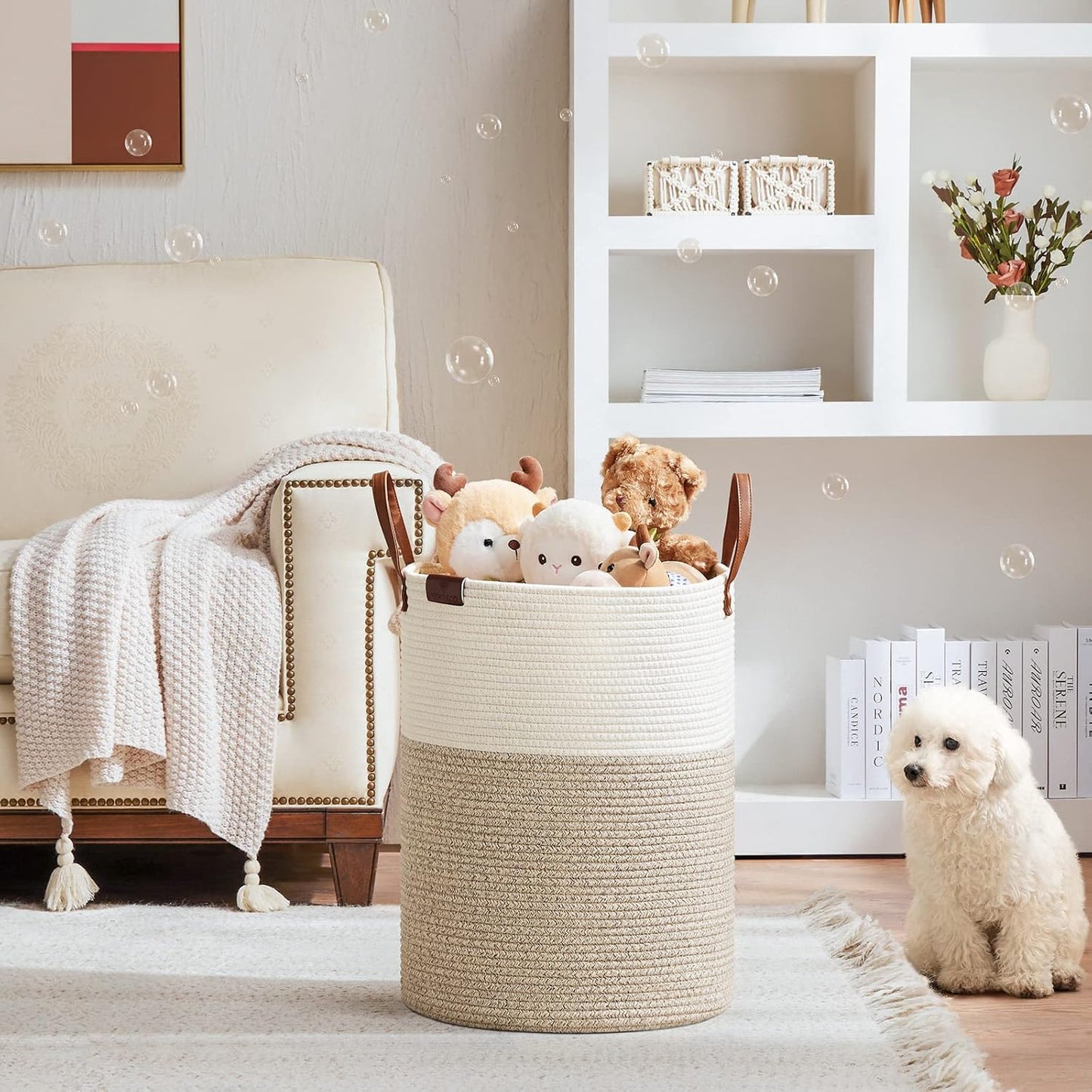 VIPOSCO Tall Laundry Basket, Large Dirty Clothes Hamper with Leather Handle, Woven Rope Storage Basket for Blanket, Toy In Living Room, Bathroom, Bedroom - 58L White & Brown