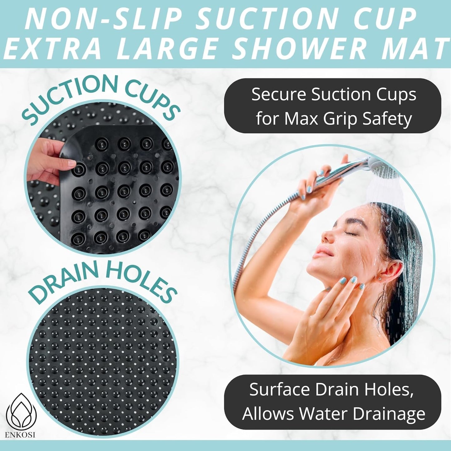 ENKOSI Extra Large Shower Mat Non Slip - 47 x 32 inch - XL Bathroom Shower Mat - Large Shower Matts for Shower Stall Floors - Secure Suction Cups and Drain Holes (47x32 Black)