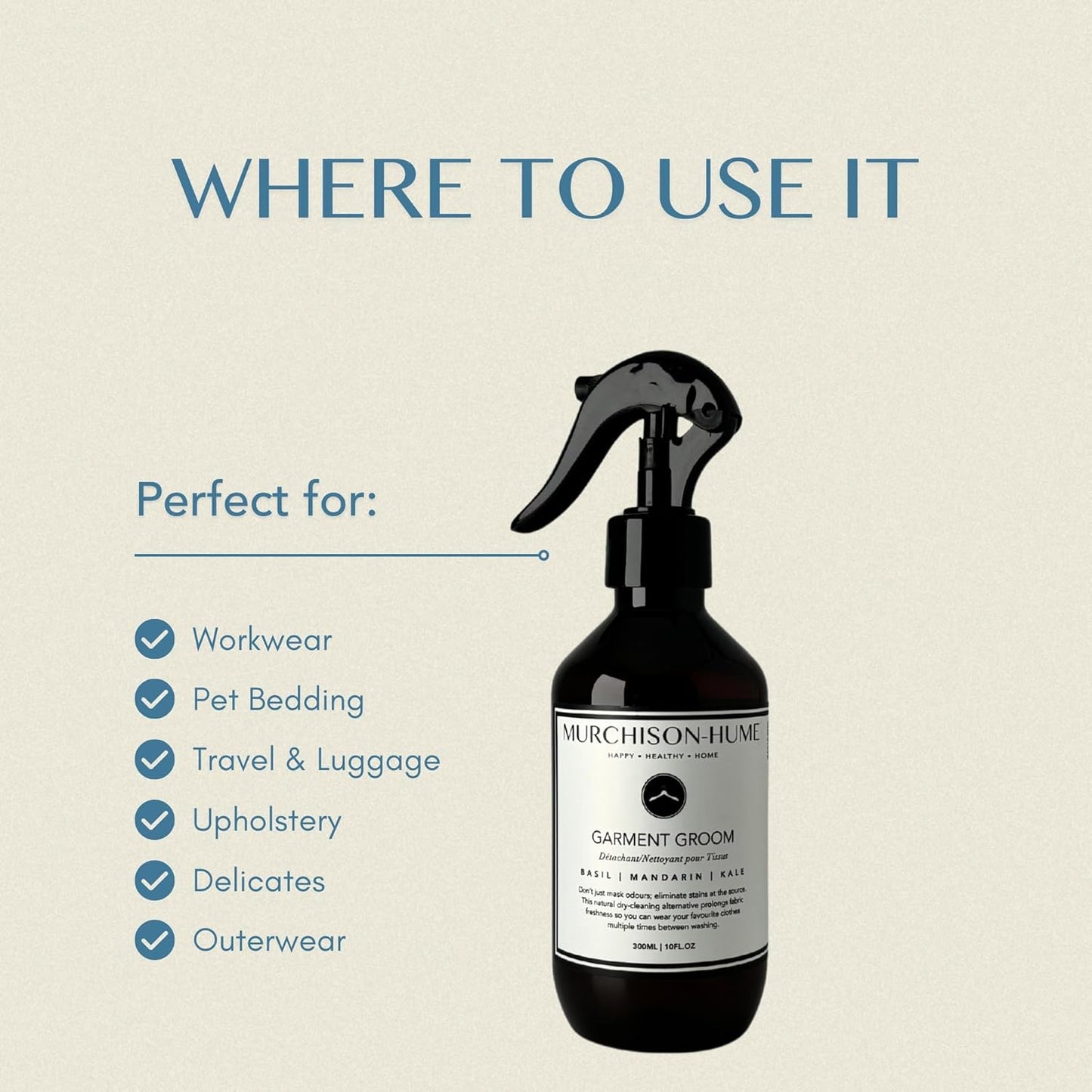 Murchison-Hume Garment Groom Fabric Freshener, Air Freshener, Odor Fighter, Laundry Treatment and Stain Remover, Rosewood Leaf & Lavender