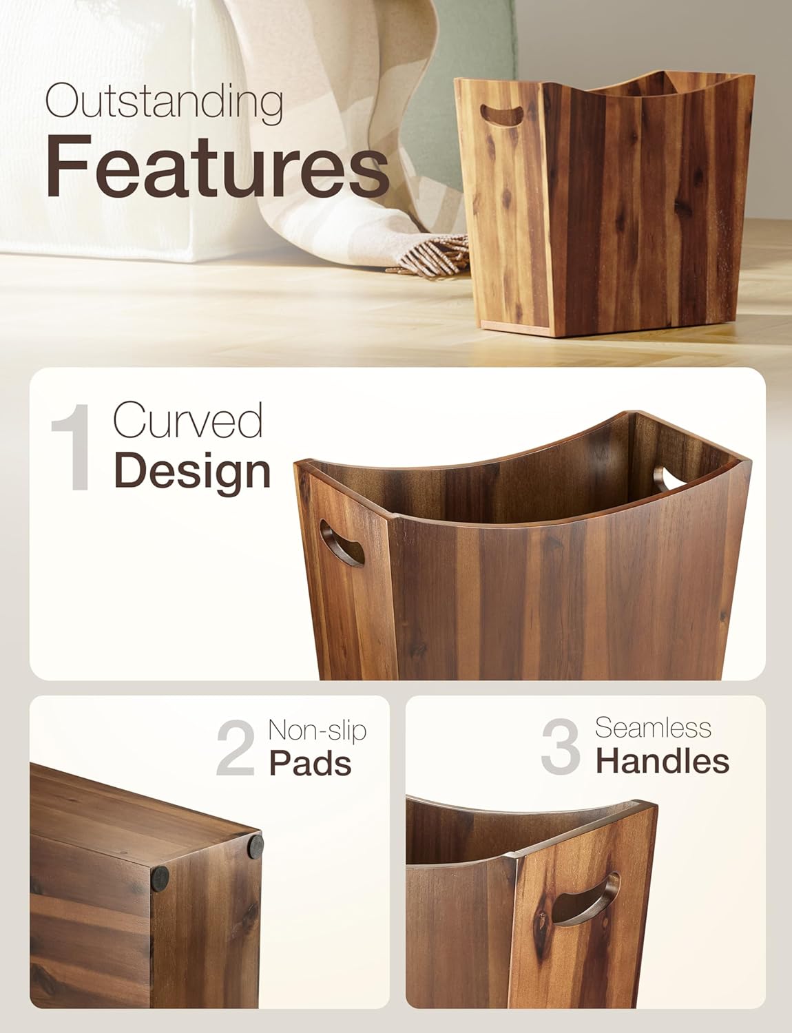 3 Gallons Rectangular Wastebaskets - Acacia Wood Waste Basket with Handles - Small Trash Can for Bathroom - Brown Garbage Bin for Spa Bathroom Decorative, Kitchen Counter, Living Room (Walnut)