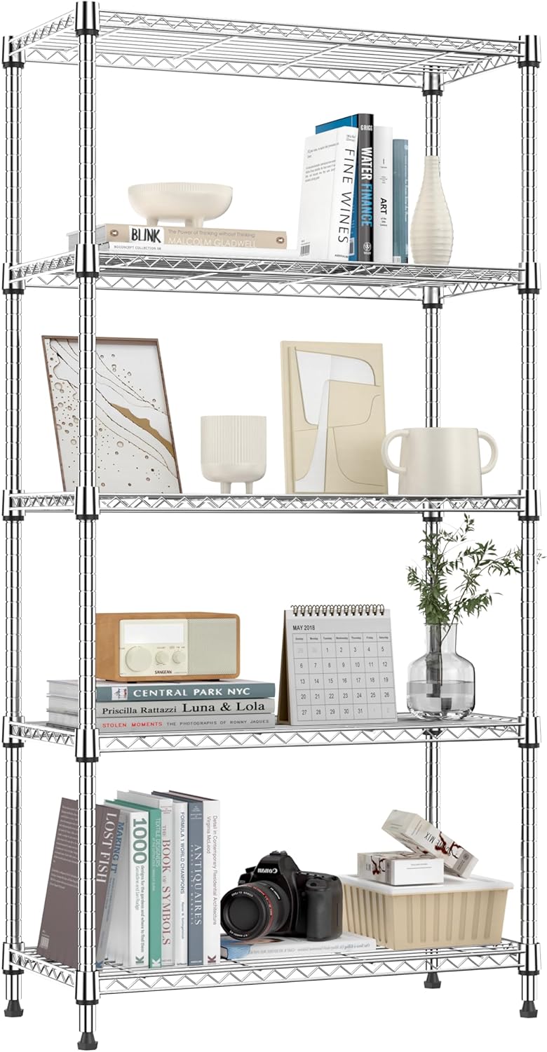 1250 lbs 5 Tier Shelf Metal Storage Shelves Shelving Wire Rack Heavy Duty Closet Organizers for Garage Kitchen Bathroom Laundry Chrome 13.8" D x 29.5" W x 59.5" H