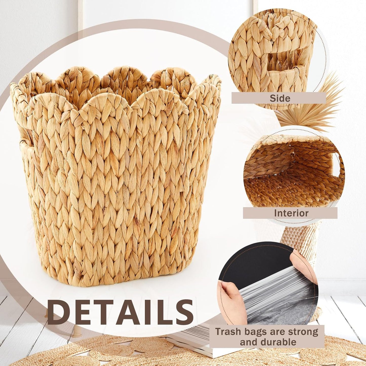 2 Pcs Wicker Trash Can with 50 Small Trash Bag Wicker Waste Woven Basket with Handles Clear Multi Use Garbage Bags for Bathroom Kitchen Bedroom (Calabash Vine,Scalloped Brim)