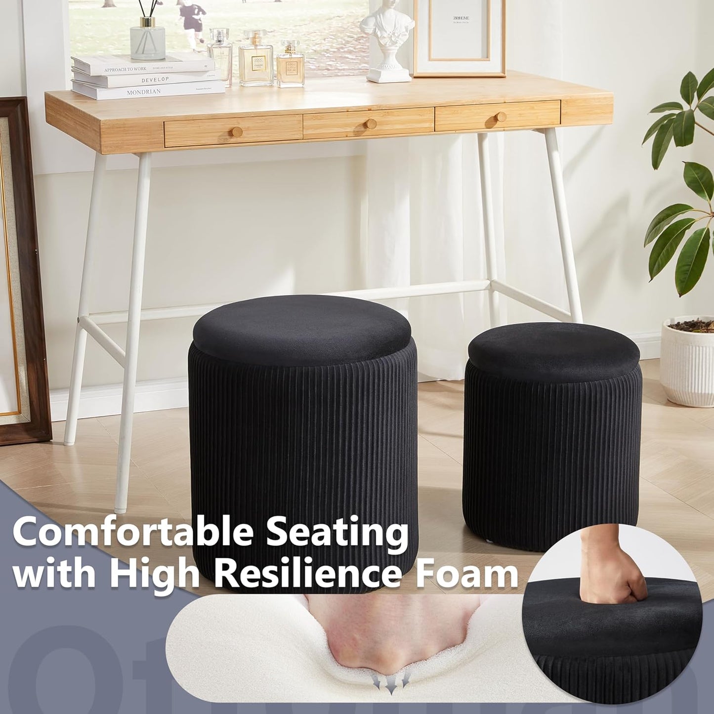 Royal Windsor Round Ottoman with Storage Set of 2,Vanity Stool with Storage for Bedroom, Ottoman Coffee Table,Small Velvet Foot Stool for Living Room, Black