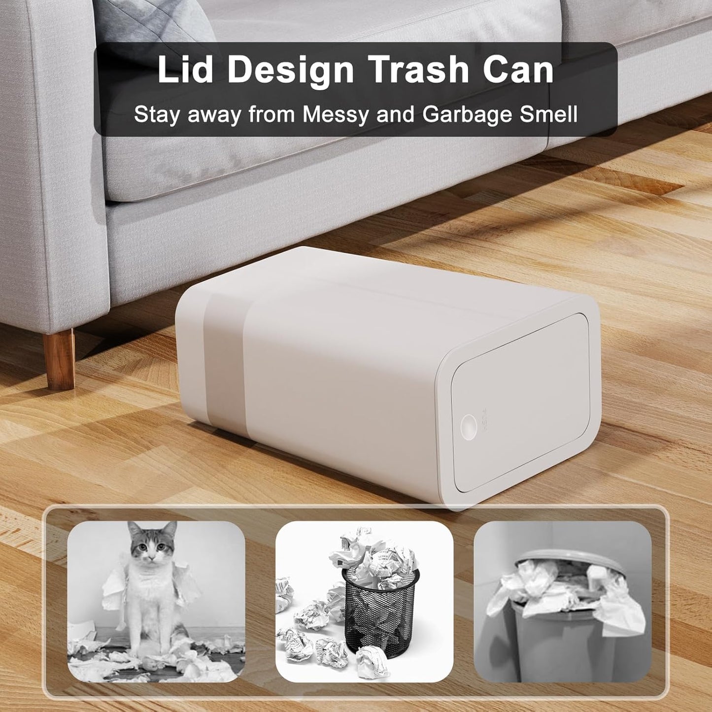 N. NETDOT 3 Pack 10L / 2.6 Gallon Small Trash Can with Lid,Bathroom Garbage Can with Pop-Up Lid,Waste Basket for Bathroom,Kitchen,Bedroom,Powder Room,Office,College (Black-Grey-Off White)