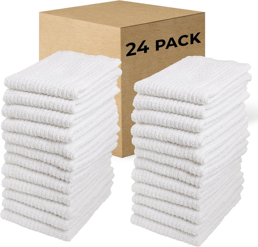 Bar Mop Cleaning Kitchen Dish Cloth Towels 12" x 12", 100% Cotton, Machine Washable, Everyday Kitchen Basic Utility Bar Mop Dishcloth Set of 24, White
