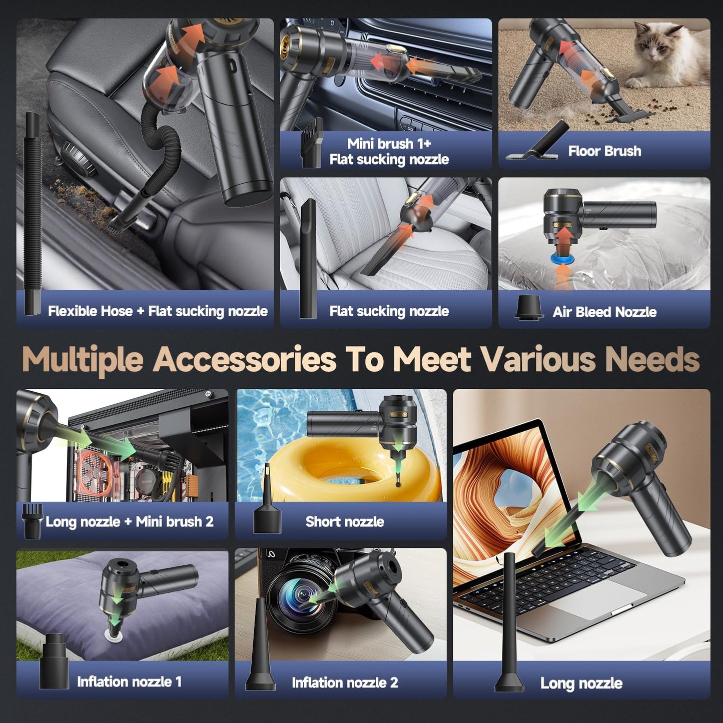 Car Vacuum Portable Cordless, Foldable Handheld Vacuum with Brushless Motor, 22000PA High Power Mini Hand Vacuum Cleaner & Air Blower & Duster & Pump for Home, Pet, Office