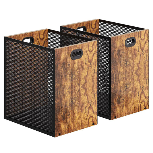 Retro Office Trash Can, Iron and Wood Combination Bedroom Garbage Can, Rectangular Design Wastebasket with Handle, Industrial Style Trash Can for Home Office, 11.02" X 7.87" X 11.81" 4.5 Gallon (2)