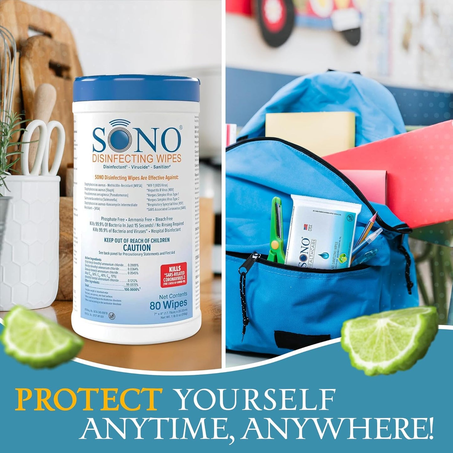 SONO Disinfecting Wipes - 160 Count (Pack of 2) + Sanitizer, Alcohol-Free, No Bleach, Medical-Grade, Multi-Surface Cleaning for Home, School, Office