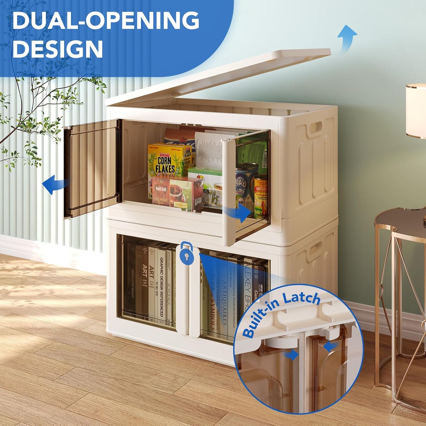 FLEXIMOUNTS 228 QT Stackable Storage Bins With Lids, Collapsible Plastic Storage Bins With Doors and Built-in Wheels For Home Dorm Closet Organizers and Storage, 3 Pack Cubes, Milky White