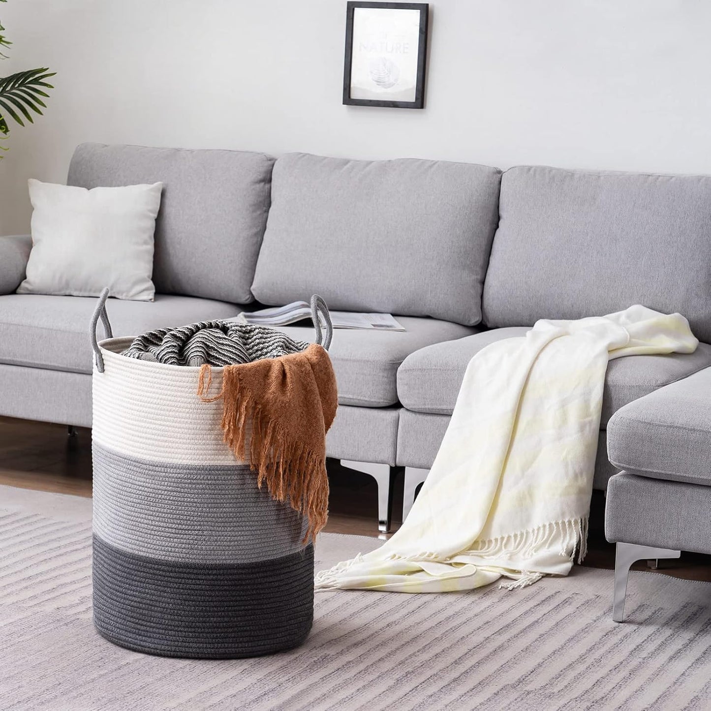 YOUDENOVA Woven Rope Laundry Hamper Basket, 58L Tall Luandry Basket, Baby Nursery Hamper for Blanket Storage, Clothes Hampers for Laundry in Bedroom-Large-Dark Grey