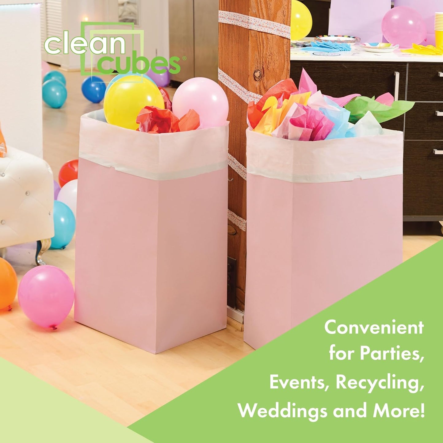 30 Gallon Disposable Pop-Up Trash Cans (3-Pack) with Fitted Bags – Foldable Garbage & Recycling Bins for Parties, Events & Kitchen (Pink, 30" H x 14" W x 17" D)