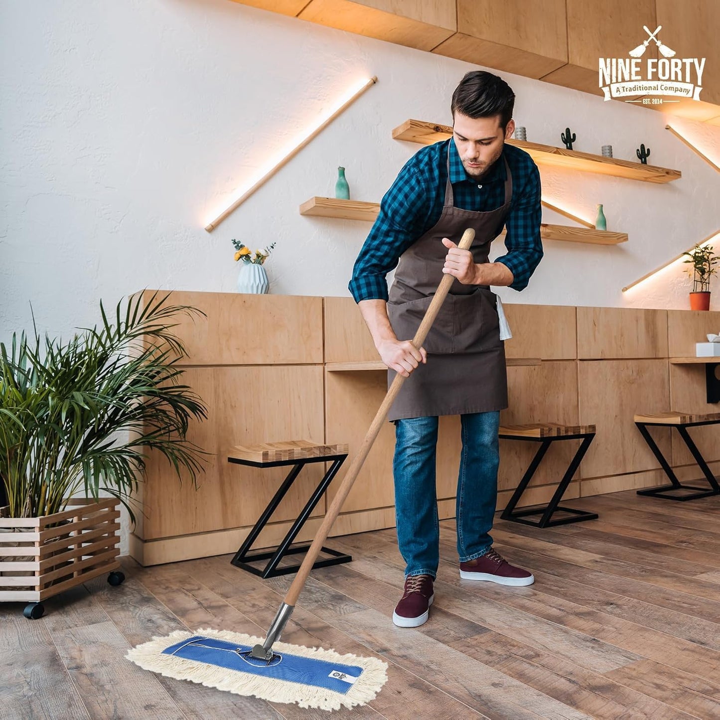 Nine Forty 24" Premium Cotton Dust Mop Kit - Heavy Duty Mop Head with Wood Handle for Industrial, Commercial, and Residential Cleaning - Dry Floor Duster for Hardwood Surfaces - White