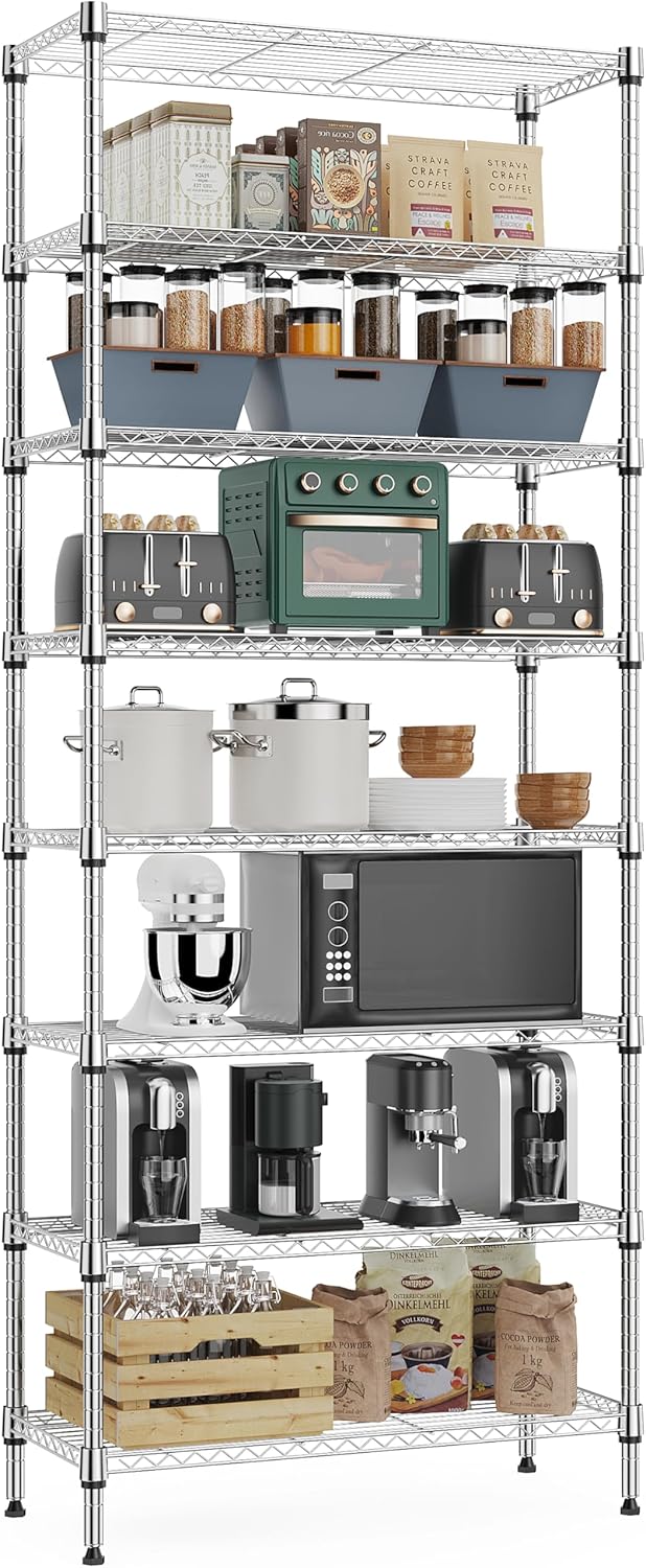8 Tier 2000 lbs Storage Rack Metal Wire Shelving Unit, Storage Standing Shelf Organizer for Laundry Bathroom Kitchen Pantry Closet Garage Utility Room, Chrome 13.8" D x 23.6" W x 79.5" H