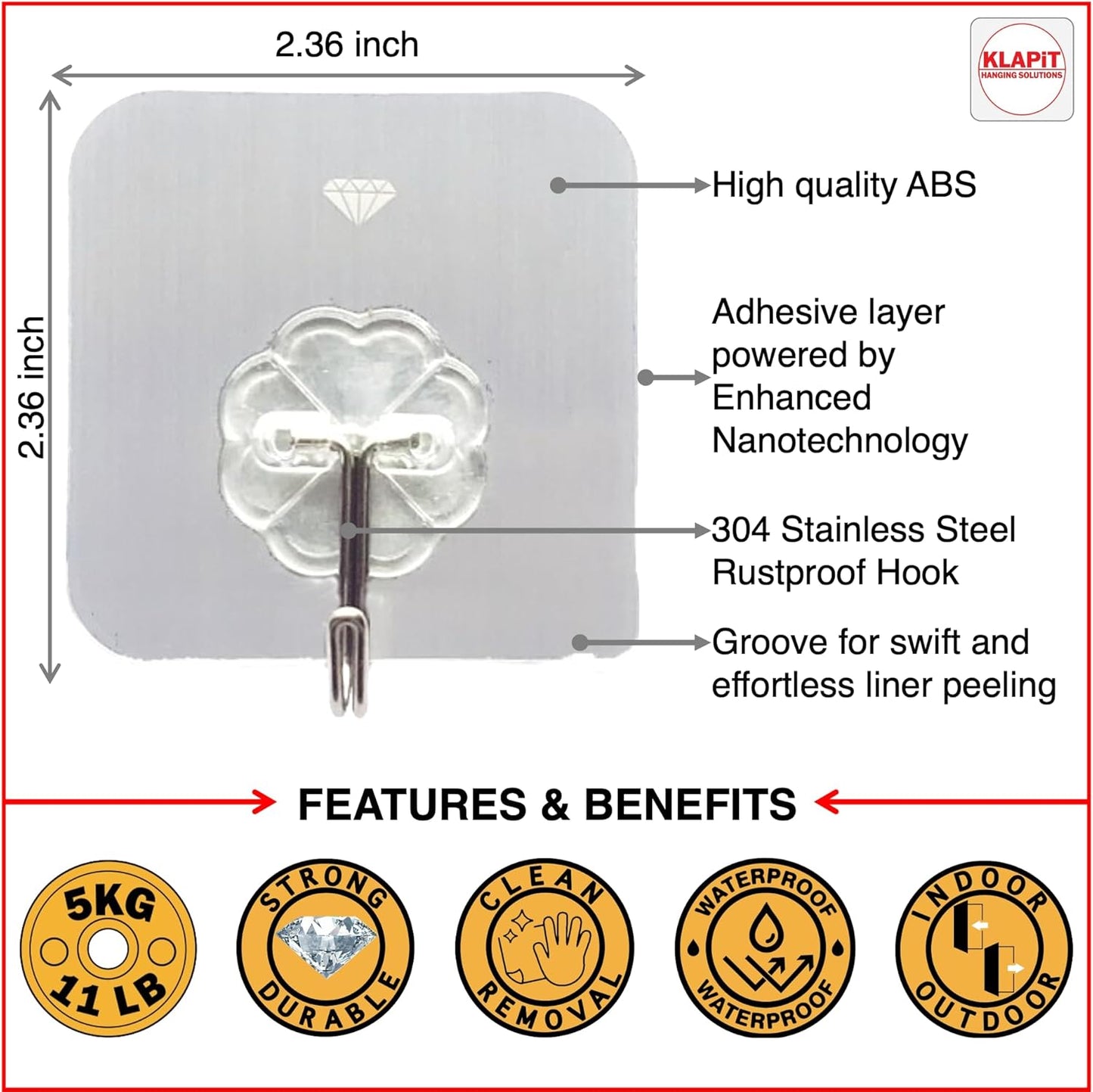 KLAPiT Super Hook - Heavy-Duty Adhesive Clear Wall Hooks, Holds Up to 11 lbs, Waterproof, No Damage, Easy Install on Tile, Wood, Stone, Glass & Metal - Made of Steel (Clear, 16pc)