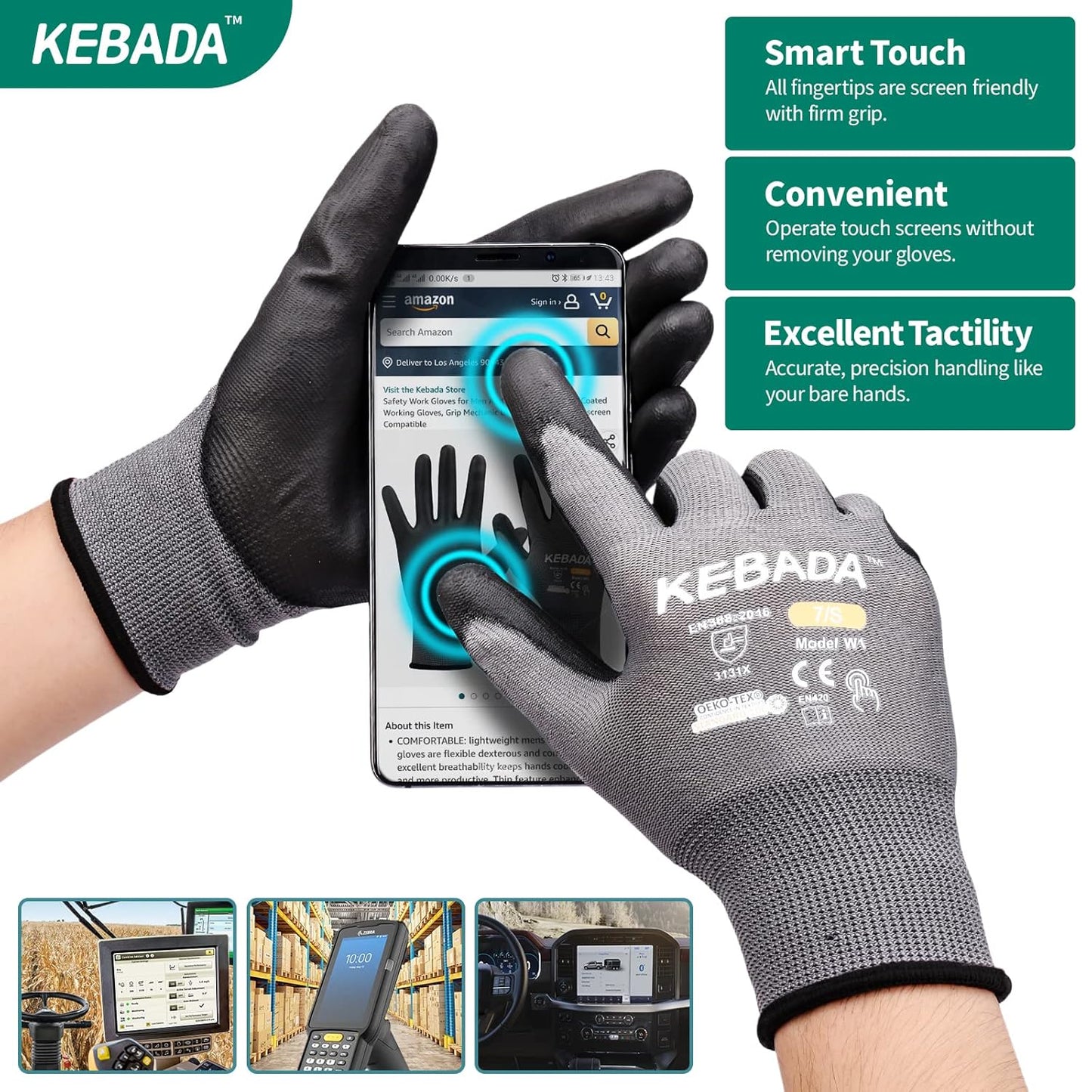 Kebada Safety Work Gloves,120 Pairs Bulk Pack, Touchscreen, PU Coated, Ideal for Warehouse, Construction, Gardening and Mechanics, Grey, XX-Large