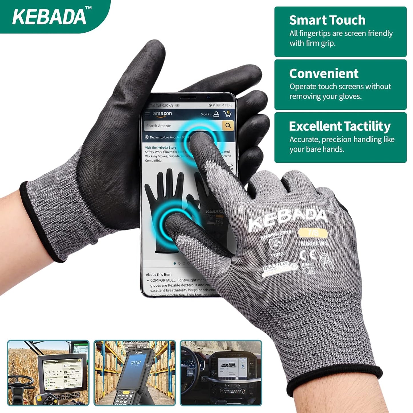 Kebada W1 Work Gloves for Men and Women, Touchscreen PU Coated Gloves with Grip, 50 Pairs Bulk Pack, Ideal for Warehouse Package Handling, Construction, Gardening, Gray XX-Large
