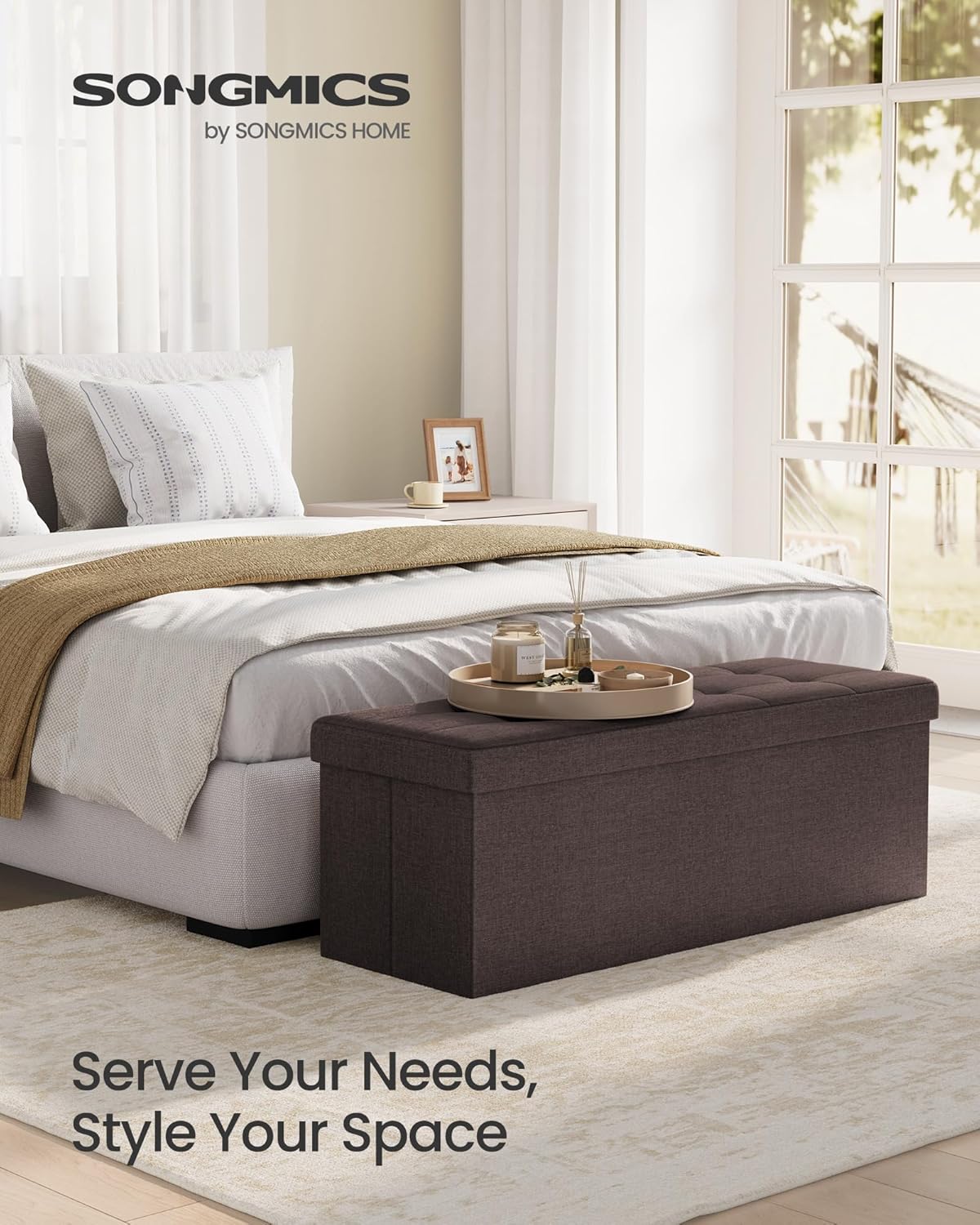SONGMICS MAZIE Collection - 43 Inches Folding Storage Ottoman Bench, Ottoman Foot Rest, End of Bed Bench, Storage Chest, Load 660 lb, for Living Room, Bedroom, Entryway, Brown ULSF77BR