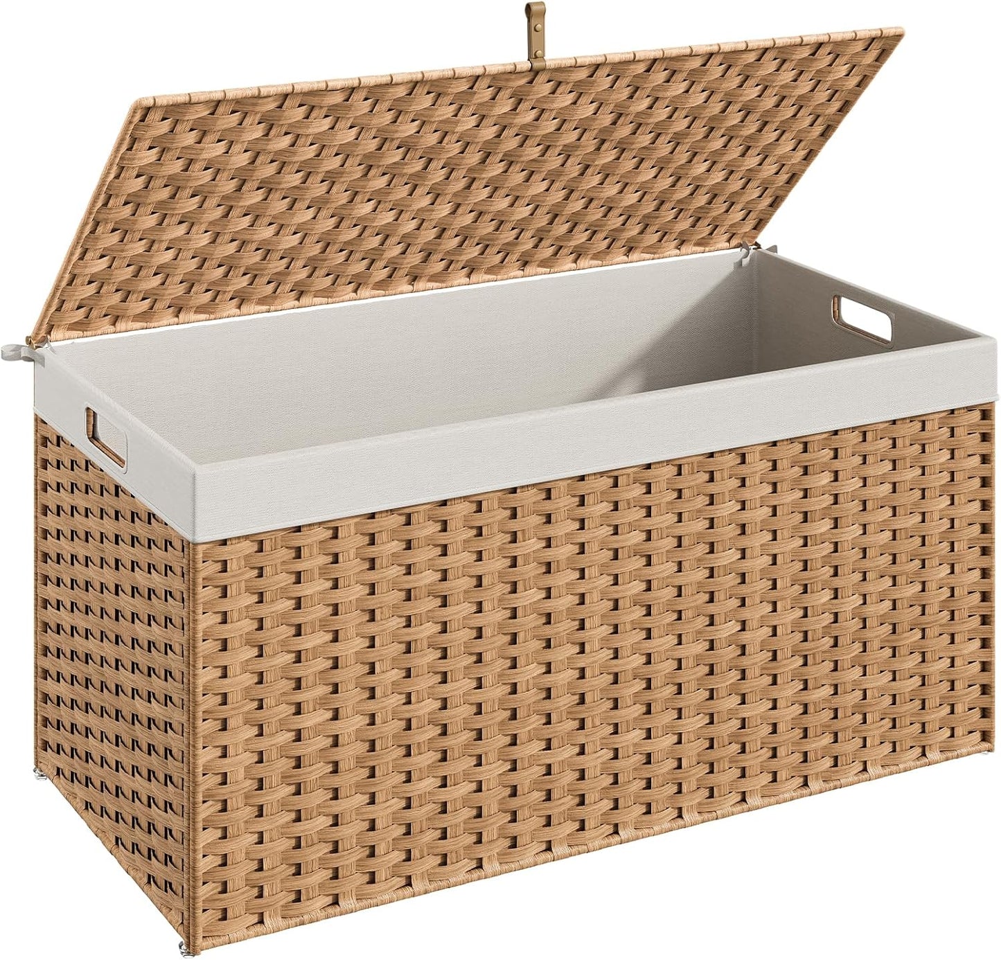 HOOBRO Storage Basket with Lid, 52.8 Gallon (200L) Wicker Basket, Handwoven Blanket Storage Basket with Handles, Metal Frame and Soft Lining, Foldable for Bedroom, Laundry Room, Natural NL220CW01