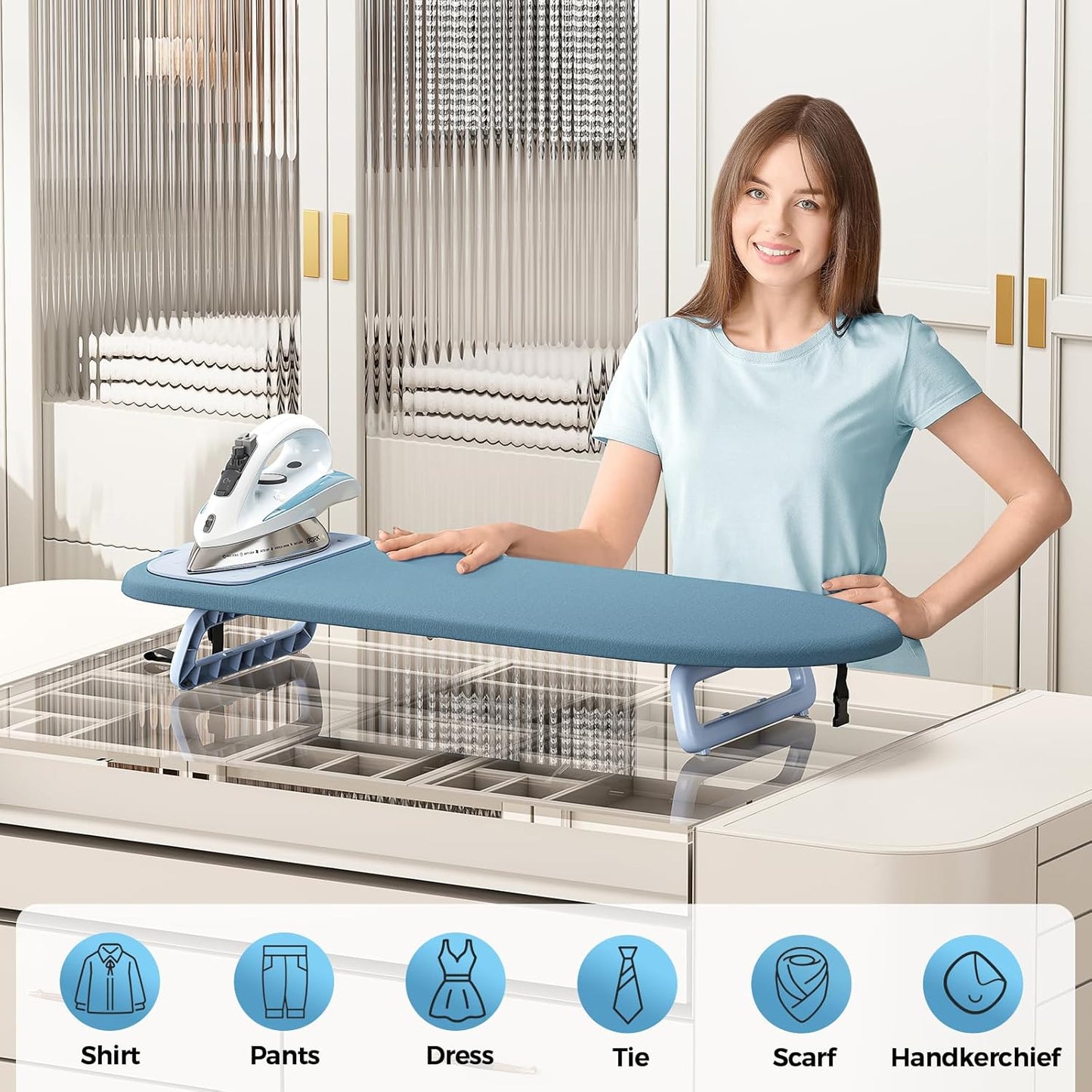 KINGBOARD Tabletop Ironing Board, Small Ironing Board with Iron Mat, Foldable Mini Iron Board, Easy Storage for Travel & Dorm, 12x32 Blue