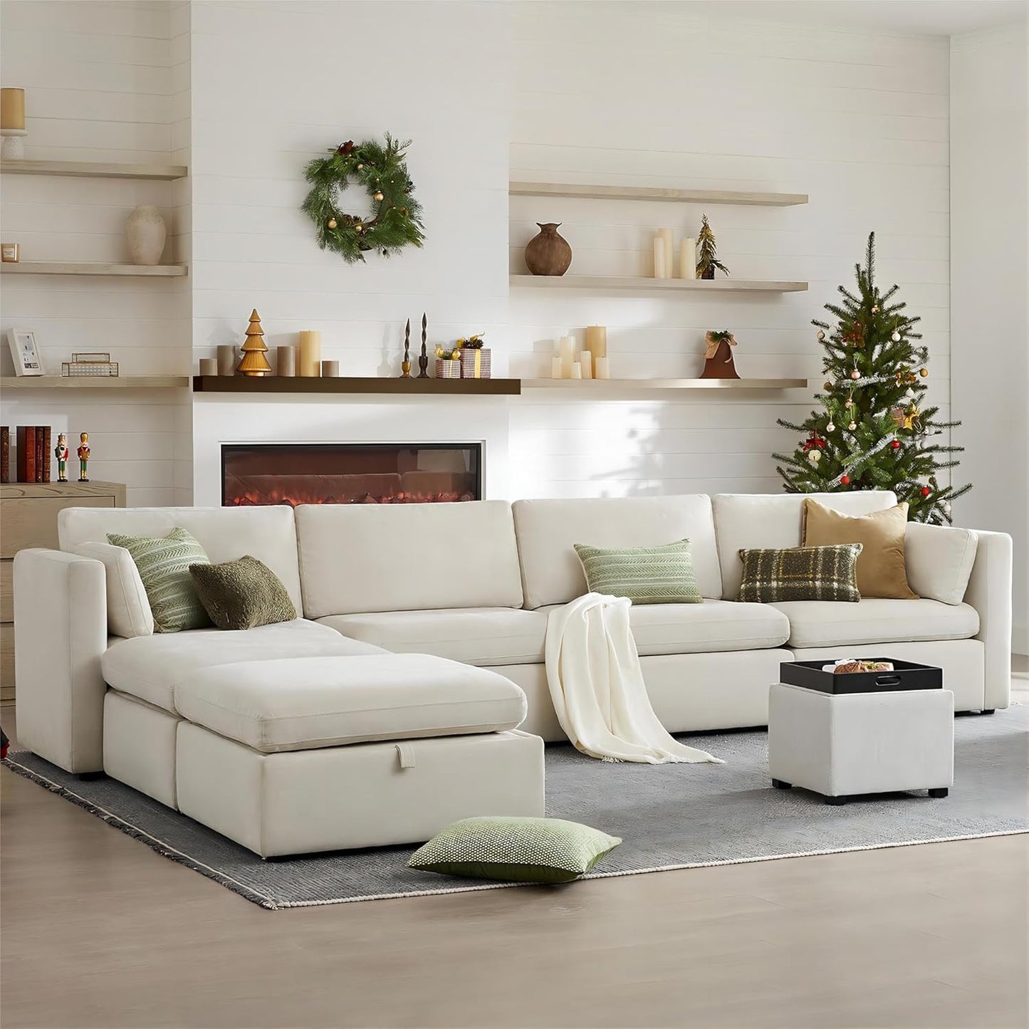 CHITA Oversized Modular Sectional Fabric Sofa Set, FSC Certified Extra Large U Shaped Couch Reversible Chaise Modular Sectional Couch, 146 inch Width, 6 Seat Modular Sofa with Storage Ottomans, Linen