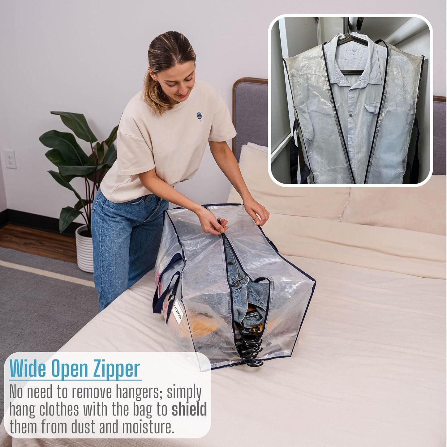 VENO 4 Pack Moving Bags Plastic Storage Totes Clothes Organization Large W Lid/Zipper. Packing Boxes/Bins Alternative. Space Saving Foldable College Supplies Essentials (Clear, 4 Pack)