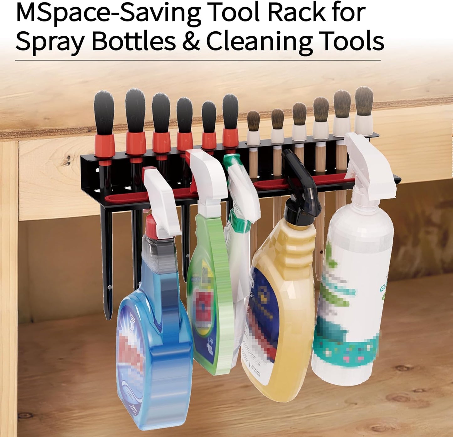 Wall Mount Brush & Spray Bottle Holder Combo Rack for Garage, Detailing Organizer with Mounting Hardware - Holds 12 Brushes & Hanging Rail for Bottles