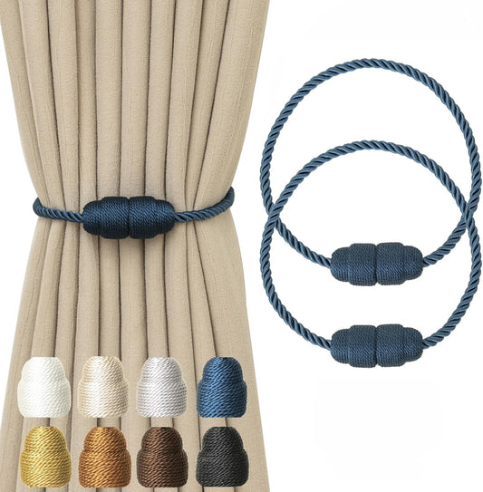 Magnetic Curtain Tiebacks - Rope Tiebacks for Curtains & Drapes, Decorative Window Holdbacks (2 Pack, Blue)