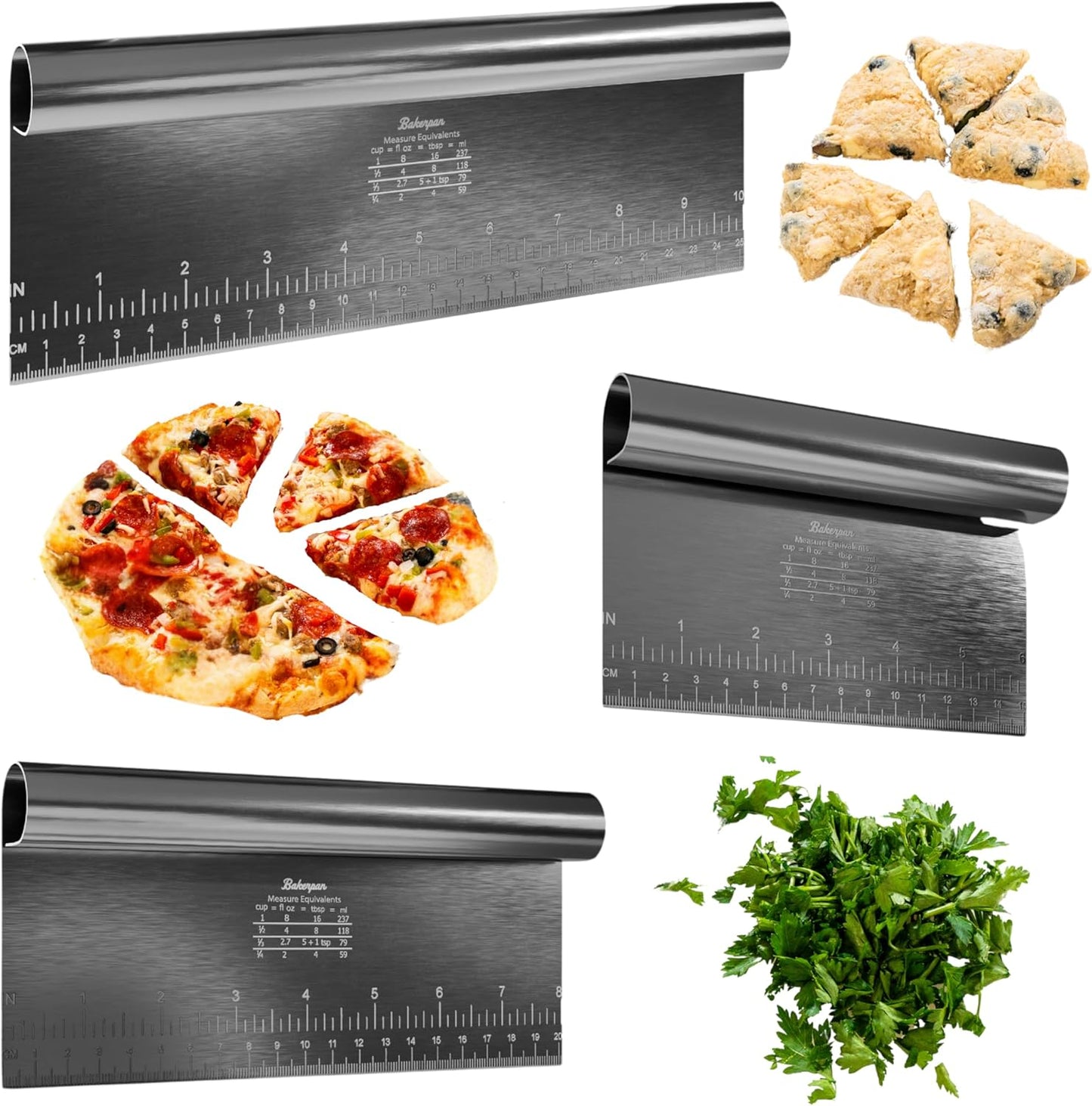 Bakerpan Stainless Steel Heavy Duty Dough Cutter, 3 Size Set - Metal Bench Scraper Kitchen Utensils, Chopper, Pizza and Pastry Cutter Tool, 10, 8, 6 Inch