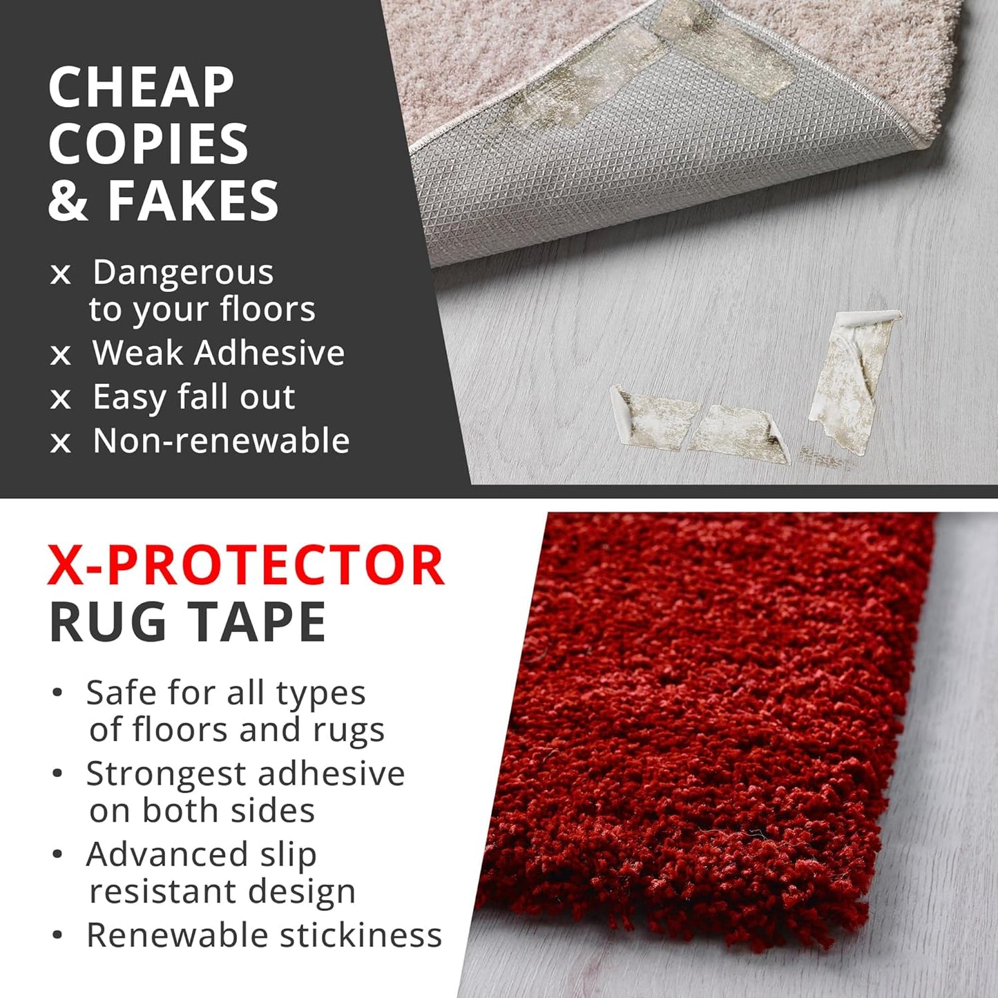 X-Protector Rug Tape - 8 Pcs Set - White Anti-Slip & Anti-Curling Carpet Tape for Hard Floors - Premium Rug Pad Gripper - Ideal Carpet Corner Grippers to Keep Your Carpet in Place & Make Corners Flat