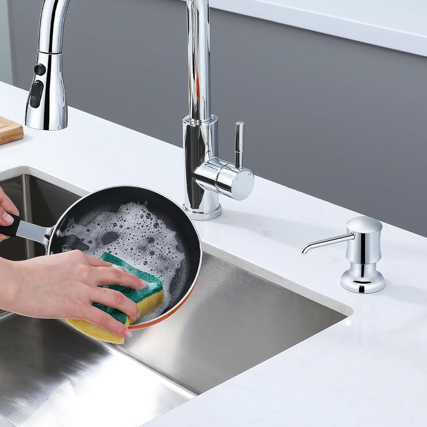 Soap Dispenser for Kitchen Sink Chrome Upgrade Built-in and Refill-from-Top Design with Liquid Hand & Dish Soap Bottle