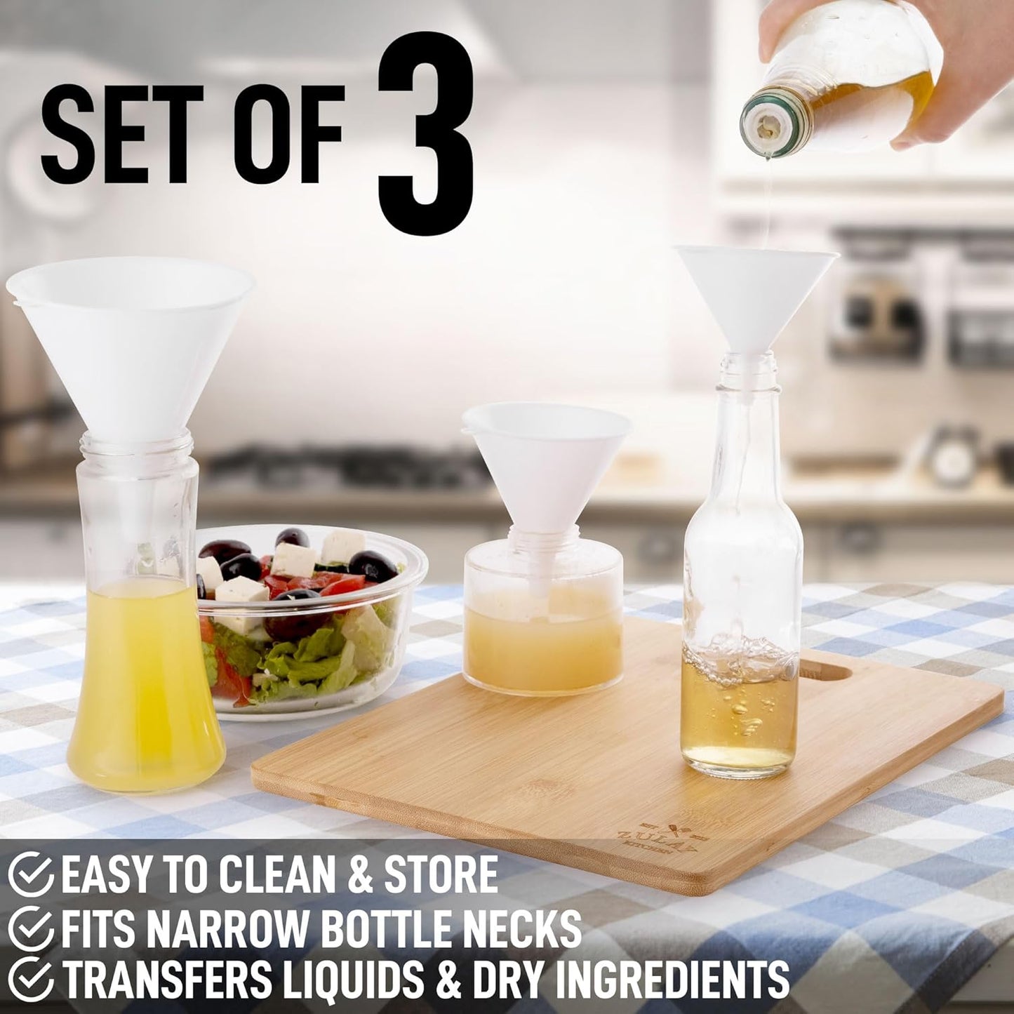 Zulay Kitchen 3-Piece Plastic Funnel Set - Large, Medium, and Small Kitchen Funnels Pouring Spout - for Filling Bottles Water Liquid, Protein Powder, Food Grade Cooking, Drink, Paint, Lotion, Kids