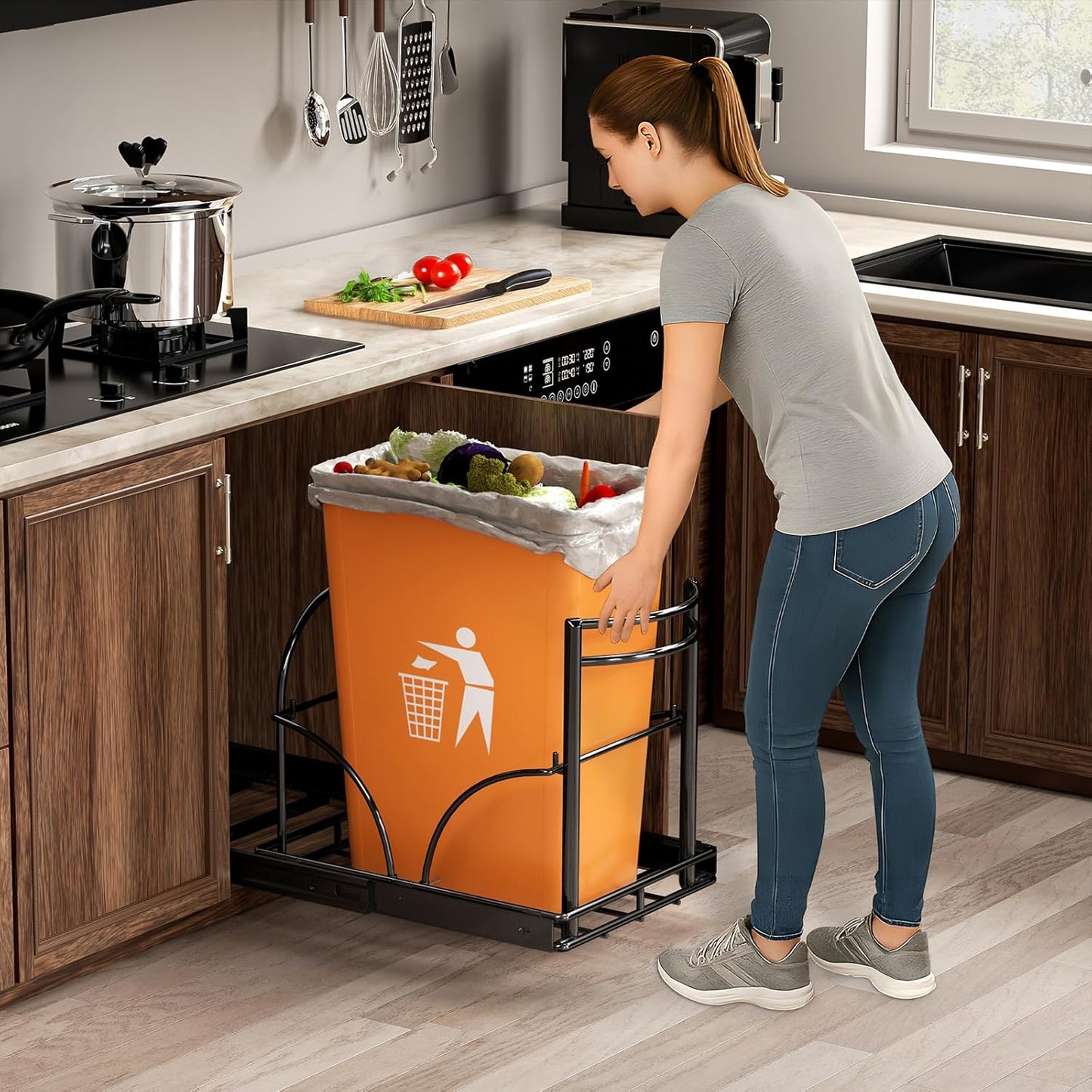 ANASTA Dual Pull Out Trash Can Under Cabinet Rack-No Can Included, Under Sink Trash Can Pull Out Fits Double 7-9 Gal/35 Qt*2 Commercial Trash Bin, Cabinet Garbage Can Required ≥16''Wx 17''Hx 22" D