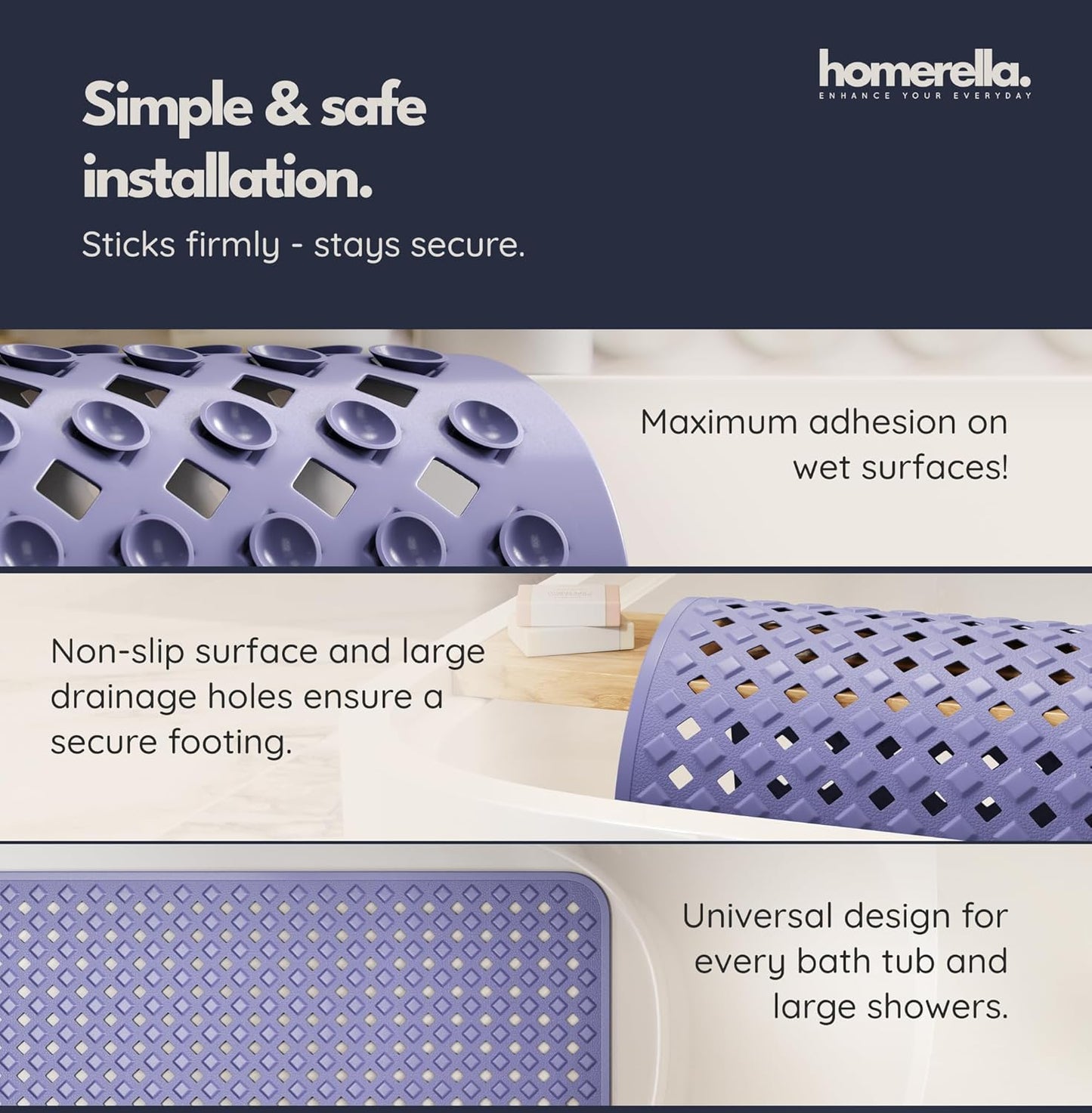 homerella® Bathtub Mat Non Slip 35x16, Incl. Hooks for Drying, Extra Long, 100% BPA Free, Shower Mat Non Slip Anti Mold, Machine Washable, Shower Mats for Inside Shower Mildew Resistant