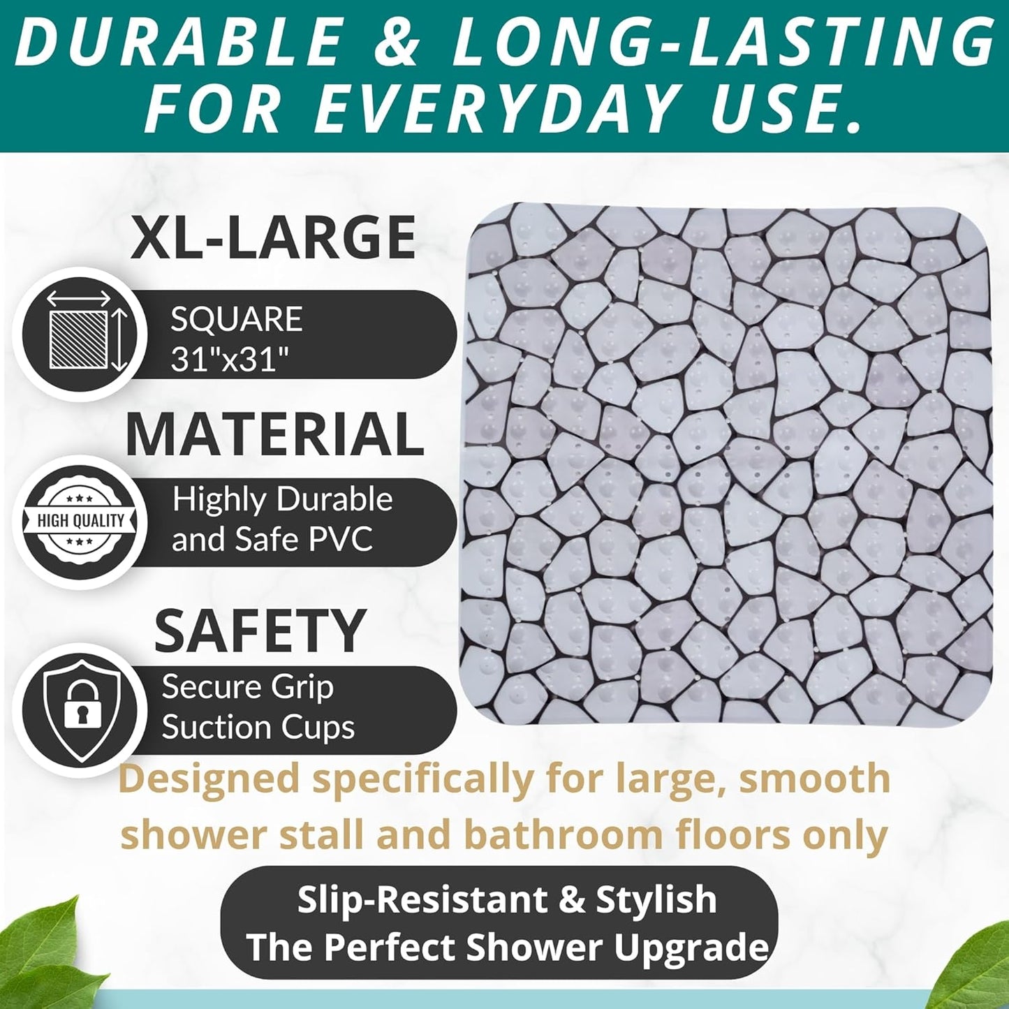 ENKOSI Extra Large Square Non Slip Shower Mat - 31 x 31-inch XL Bathroom Shower Mat - Square Shower Matts for Shower Stall Floors | Secure Suction Cups and Drain Holes (31x31 Pebble)