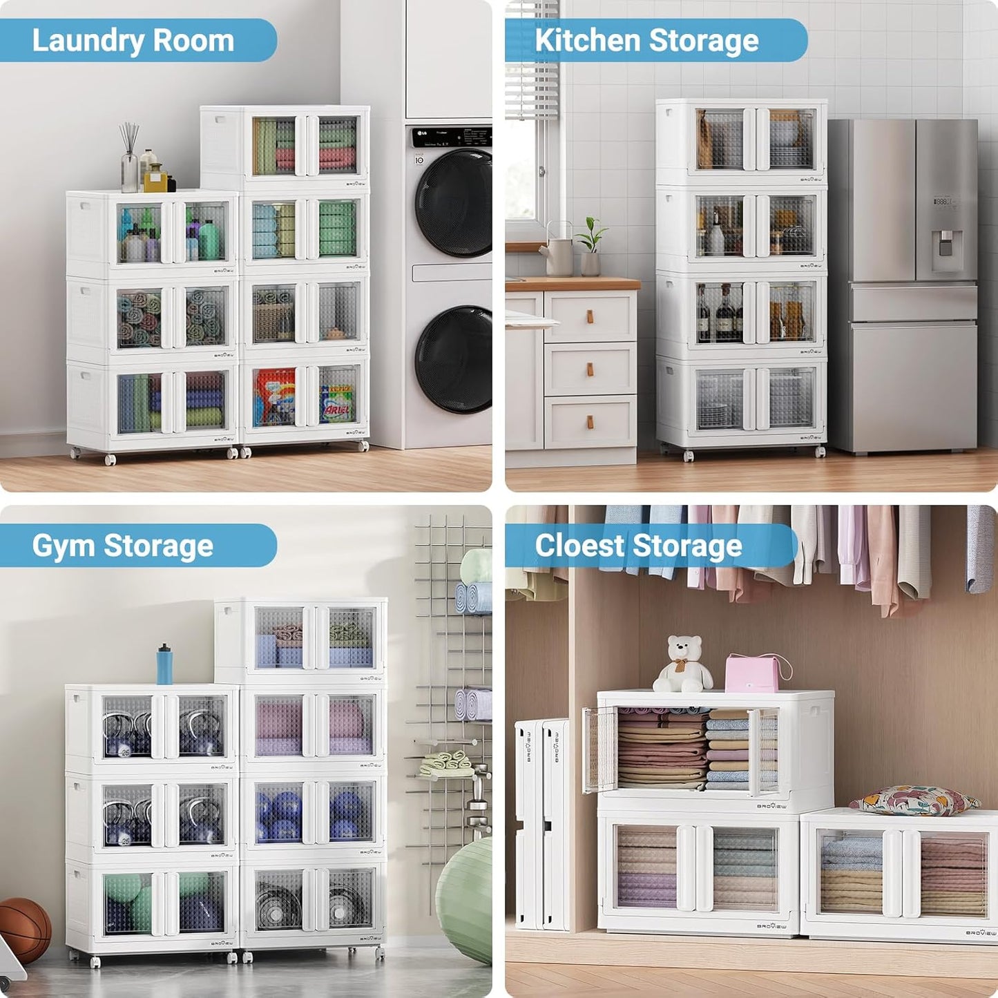 BROVIEW 400 Qt Stackable Storage Bins with Lids & Doors, 4 Pack Plastic Closet Organizer and Storage Drawers with Wheels, Large Collapsible Storage Boxes, Cabinet for Home, Office, V10, White