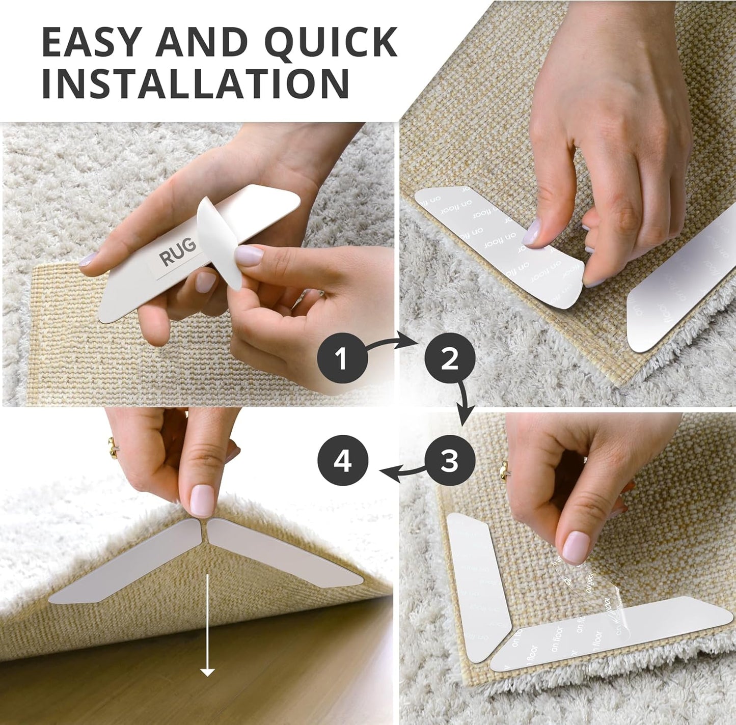 X-Protector Rug Tape - 8 Pcs Set - White Anti-Slip & Anti-Curling Carpet Tape for Hard Floors - Premium Rug Pad Gripper - Ideal Carpet Corner Grippers to Keep Your Carpet in Place & Make Corners Flat