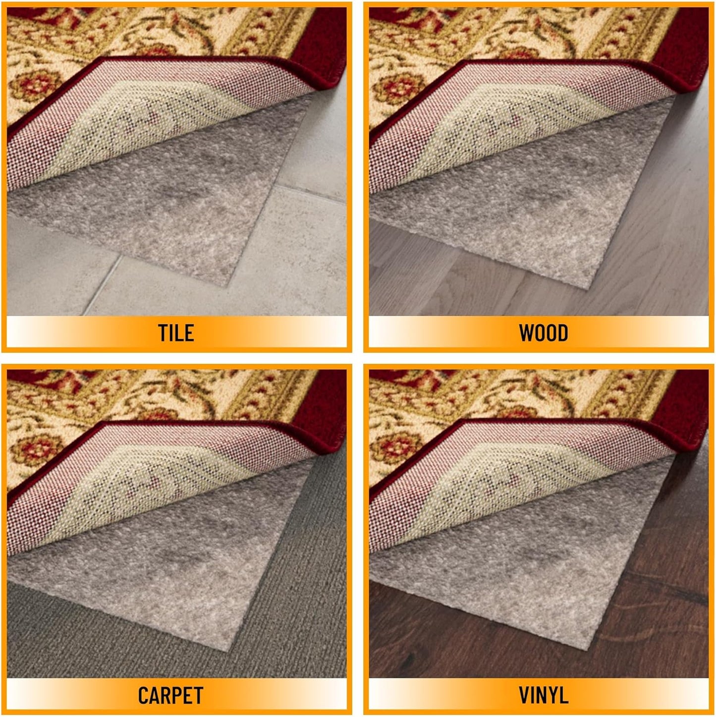 Ottomanson 8' x 12' Non-Slip Rug Pad Gripper 1/4 Inch Thick Dual Surface Felt + Rubber Gripper - Safe for All Floors, Brown