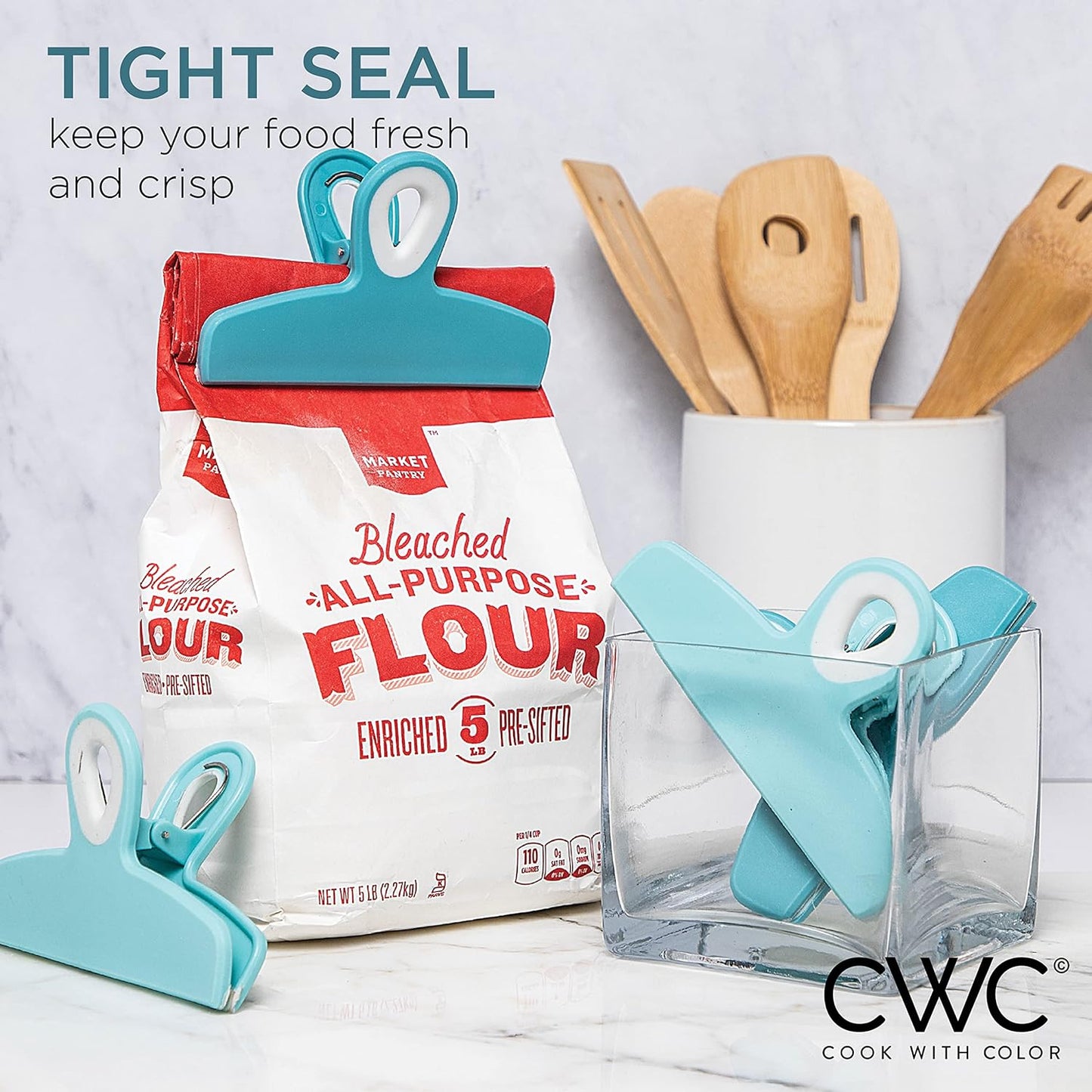 COOK WITH COLOR Bag Clips - Heavy Duty Chip Clip and Refrigerator Magnet Clips for Food Storage with Air Tight Seal Grip, Light Blue Ombre, Pack of 4 Large Clips