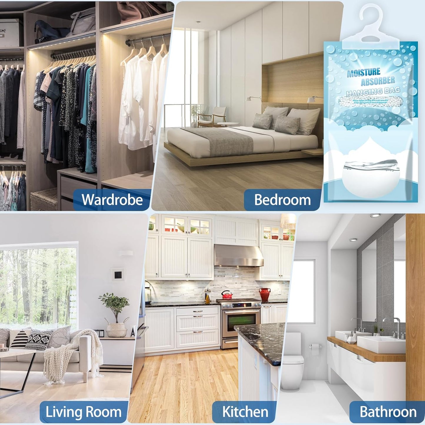 12 Pack Hanging Moisture Absorbers - Fagrance Free Dehumidifier Bags, 8.11 OZ, Removes Moisture & Odors, Humidity Absorber Packs for Closet Bedroom Kitchen