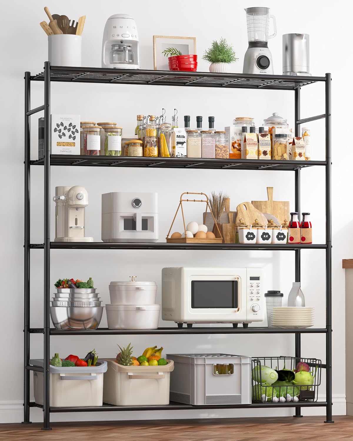 Storage Shelves - 5 Tier Shelf Organizer, Sturdy Metal Garage Shelving with Adjustable Leveling Feet, Space-Saving Shelves Organizer for Pantry, Laundry, Kitchen (47" x 12" x 60", Black)