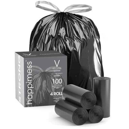 happimess HPM3000V-BLACK 30 Gallon Drawstring Unscented Trash Can Liner for Business Home Kitchen Commercial and Industrial Black (100-Count, 4-Rolls of 25 Liners)