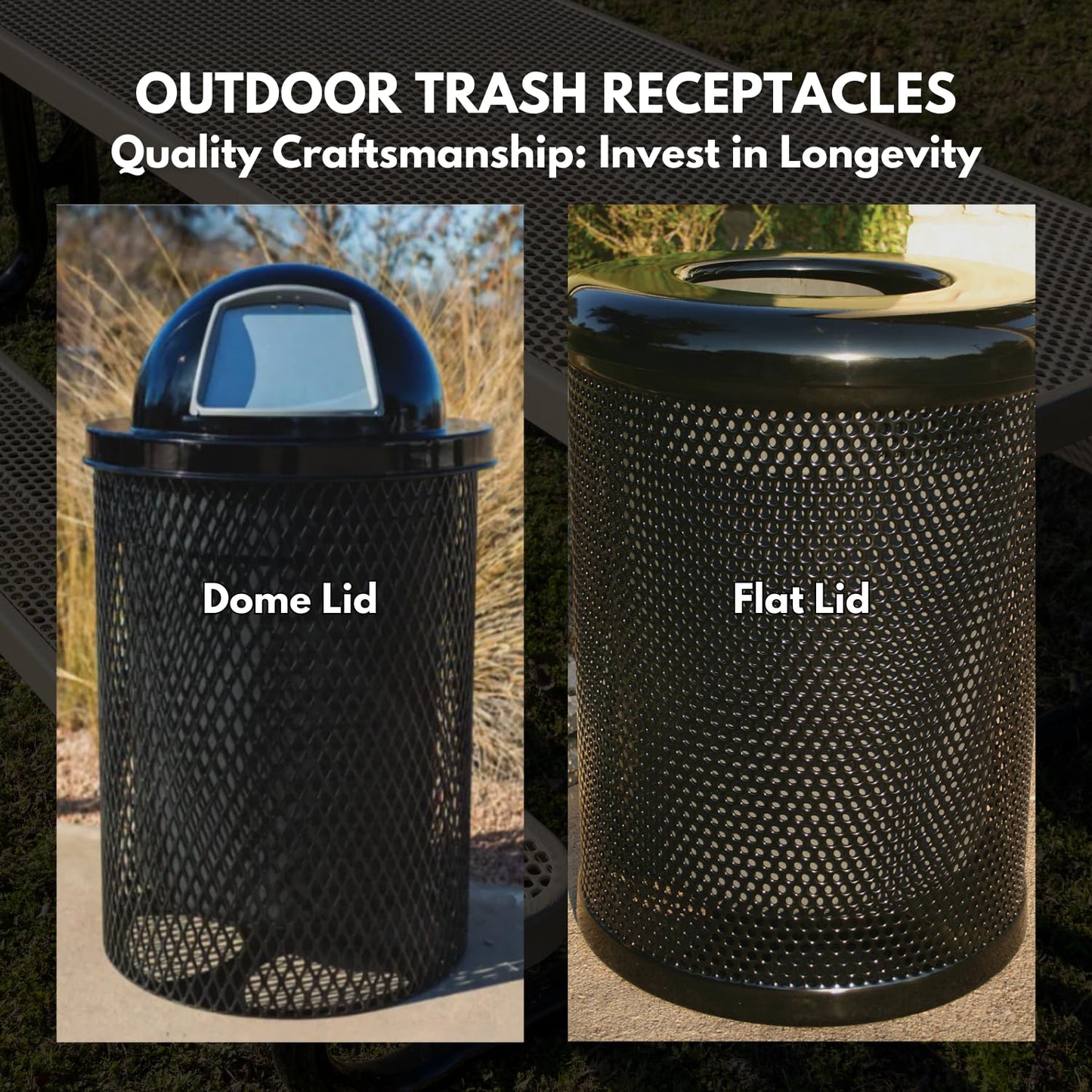 COATEDOUTDOORFURNITURE Coated Outdoor Furniture 32-Gallon Heavy-Duty Punched Steel Round Trash Receptacle, Commercial Outdoor Waste Bin with Liner & Dome Lid – Made in America (Textured Dark Green)