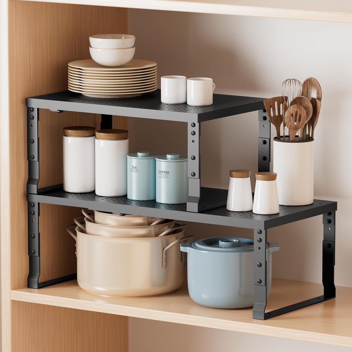 Metal Stackable Expandable Storage Shelf - Multi-Functional Home Storage Shelf, Suitable for Kitchen, Cabinet，Bathroom, Office, Garage, etc.（1PACK/Black/Large