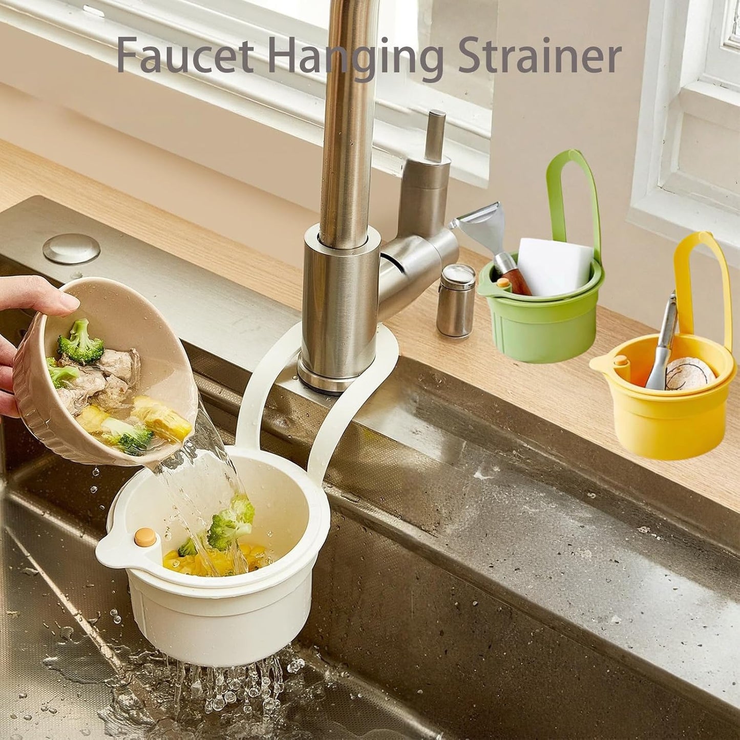 Faucet Hanging Strainer Kitchen Sink Food Waste Catcher Drain Basket, Plastic Kitchen Sink Strainer Automatic Dumping Draining Basket, Food Fruit Vegetable Drain Shelf Sink Storage Holder (Yellow)