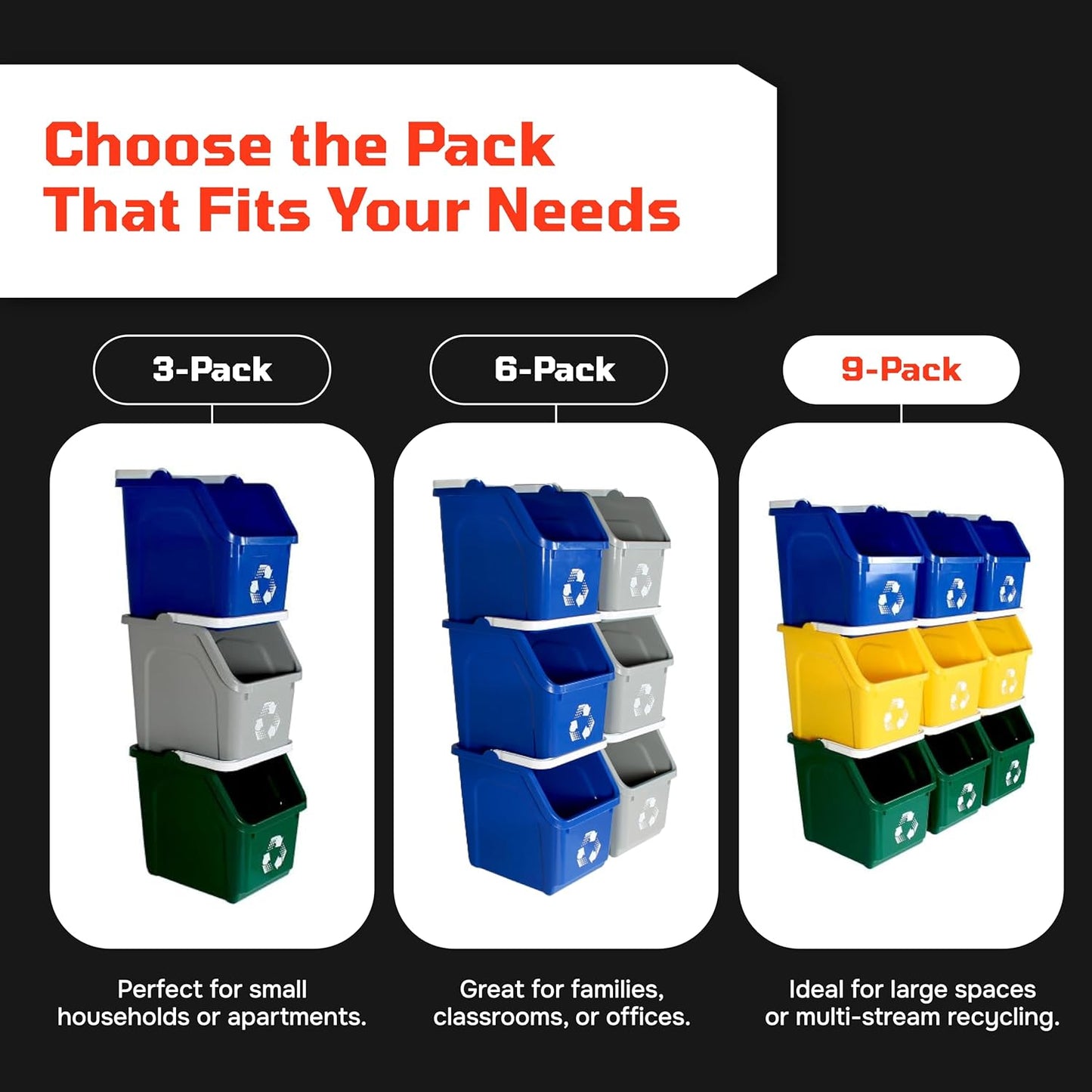 Multi Bin Recycling System with Six Stackable 6 Gallon Recycle Bins to Build Your Recycling Center for Offices, Kitchen, Garages, Businesses - (6 Pack, Blue/Grey)