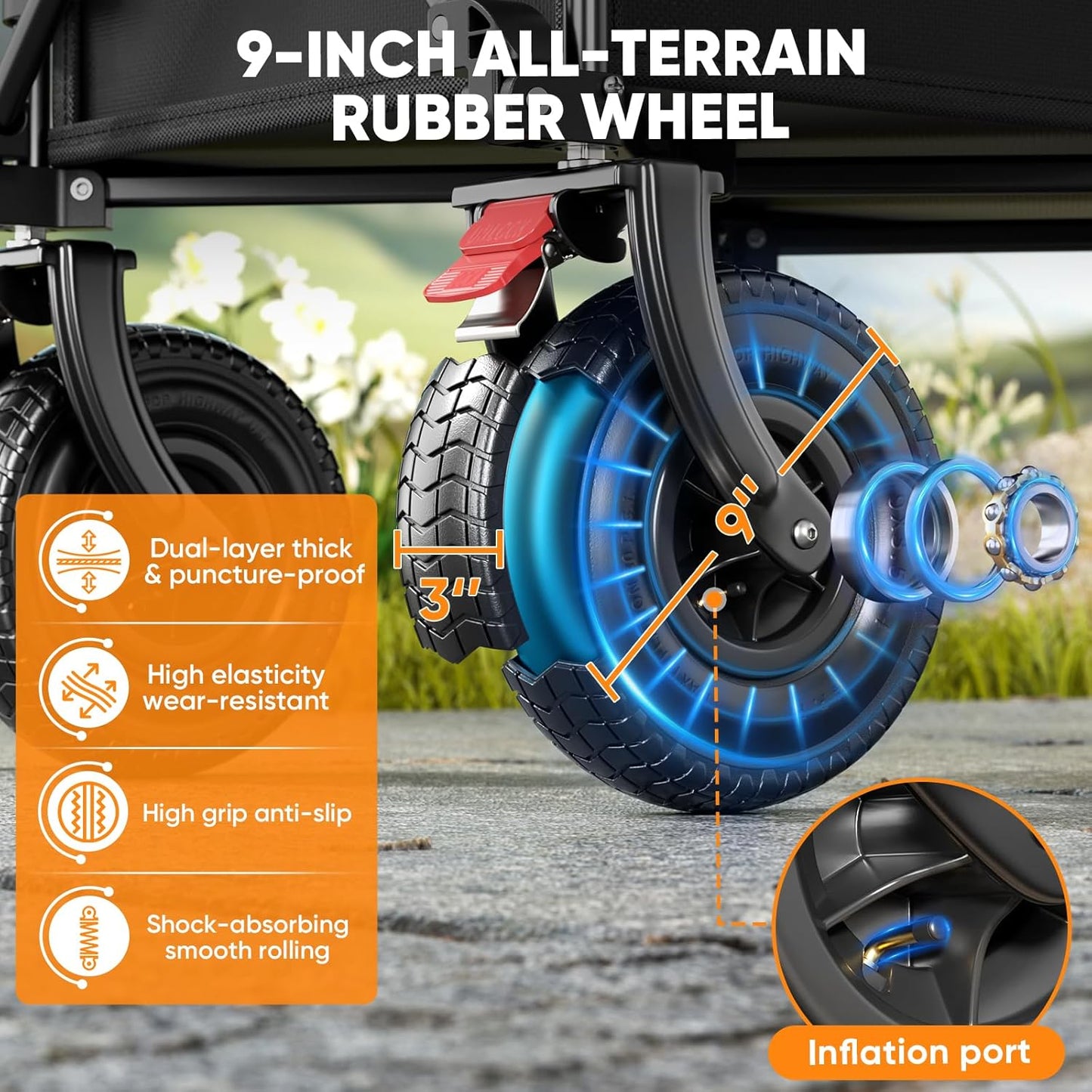 Beach Wagon with 9x3 Big Rubber Wheels for Sand, 350lbs Heavy Duty 200L Collapsible Utility Wagon, Easy Transport & Storage, Ideal for Sport, Camping, All-Terrain Outdoor Activities, Black