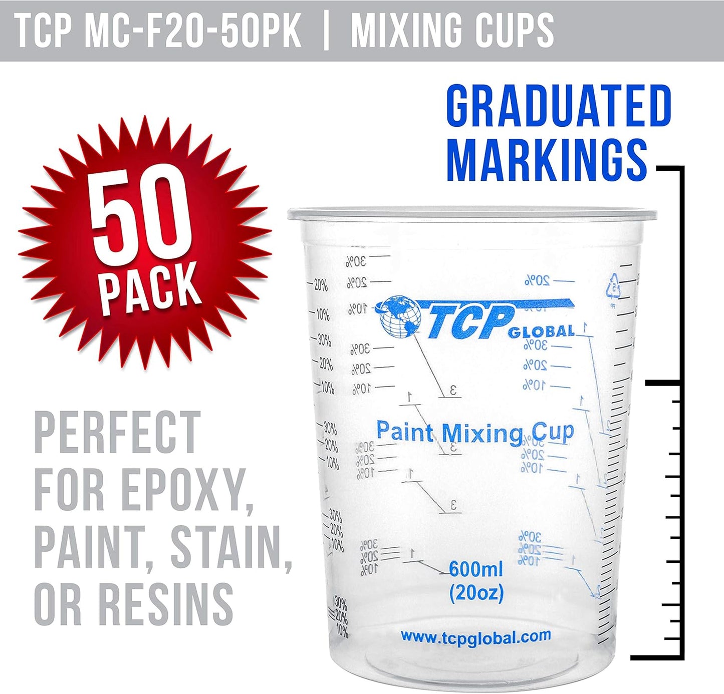 TCP Global 20 oz. (600ml) Graduated Plastic Mixing Cups - Box of 50 with 50 Mixing Sticks - Disposable Plastic Measuring Cups for Liquids, Paints, Resin, Epoxy, Art, Kitchen - Ratios 2-1, 3-1, 4-1 ML