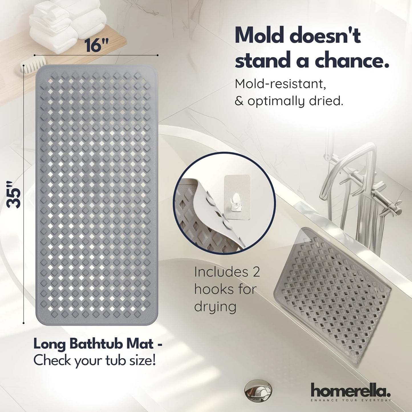 homerella® Bathtub Mat Non Slip 35x16, Incl. Hooks for Drying, Extra Long, 100% BPA Free, Shower Mat Non Slip Anti Mold, Machine Washable, Shower Mats for Inside Shower Mildew Resistant