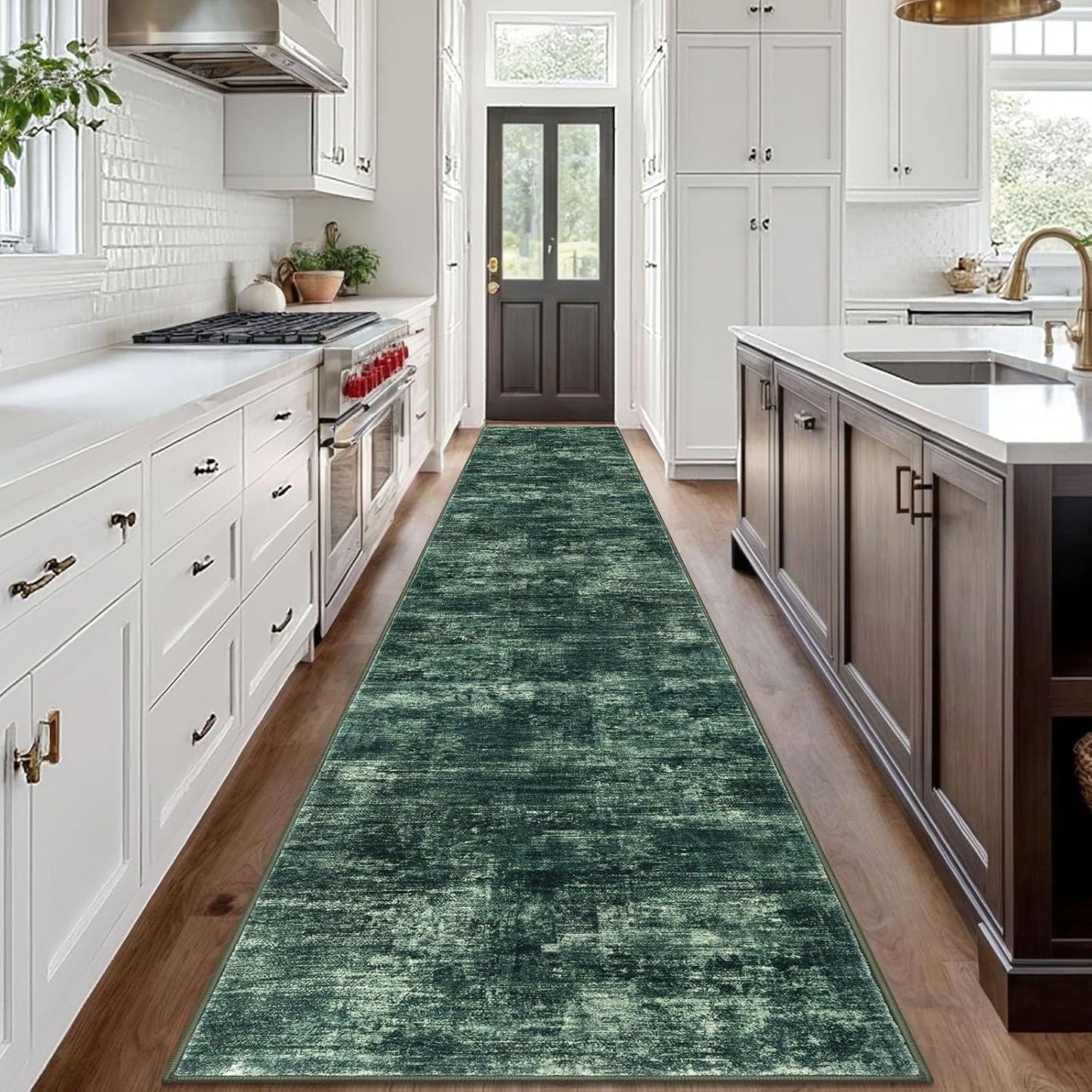 IOHOUZE Abstract Runner Rug 3x18 Ft Washable Runners for Hallways, Non Slip Kitchen Runner Printed Faux Wool Entryway Runner Indoor, Modern Abstract Floor Carpet for Hall Stair, Dark Green