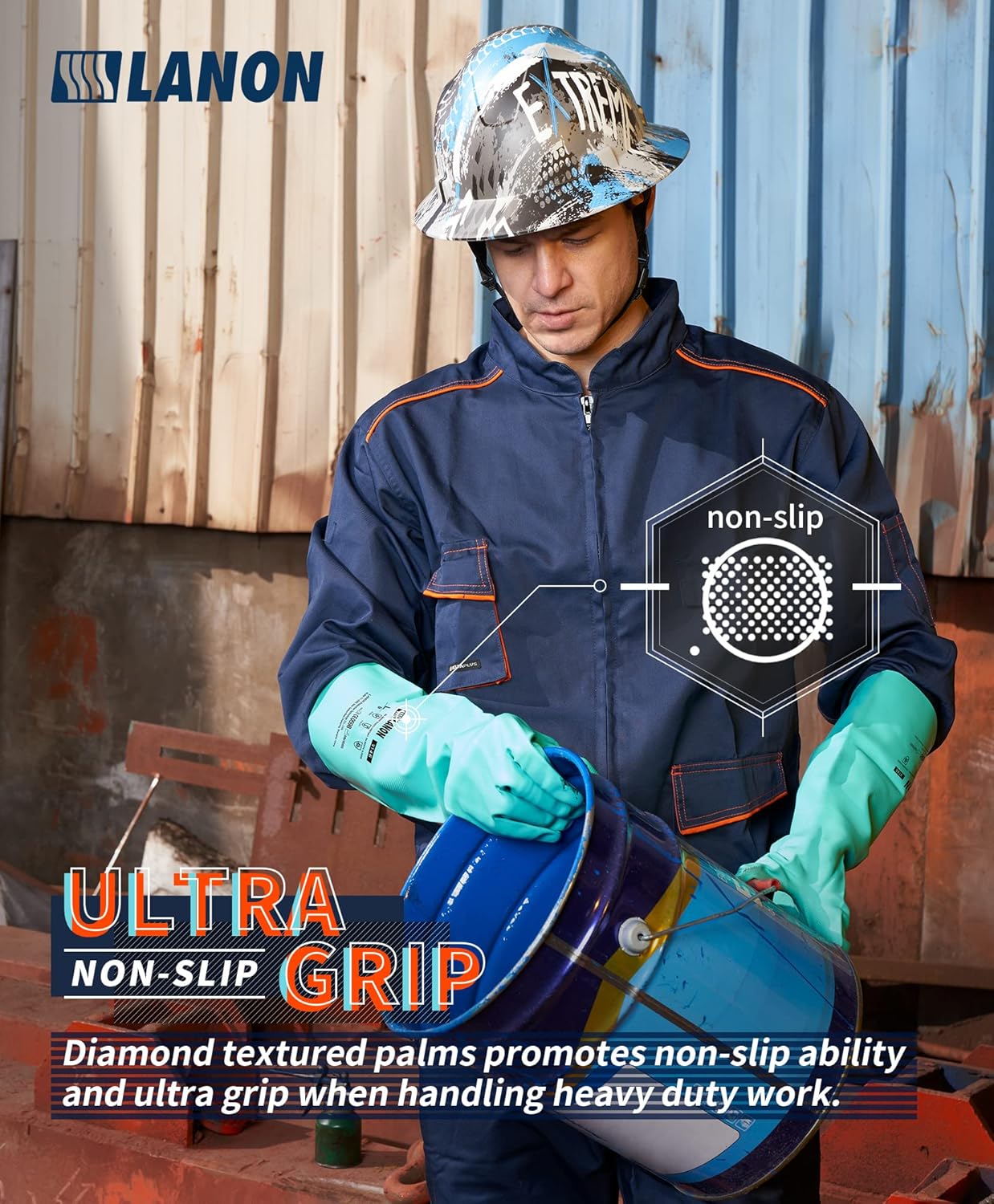 LANON Nitrile Chemical Resistant Gloves, Reusable Heavy Duty Safety Work Gloves, Acid, Alkali and Oil Protection, 18" Length, Non-Slip, XL